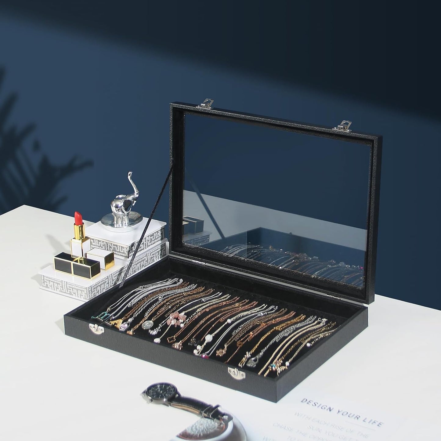 Coward 20 Hooks Necklace Organizer Jewelry Box, Dustproof Necklace Display Holder Case, Black Velvet Necklace Display Tray Case with Transparent Glass Lid for Home Use or Store Selling Show