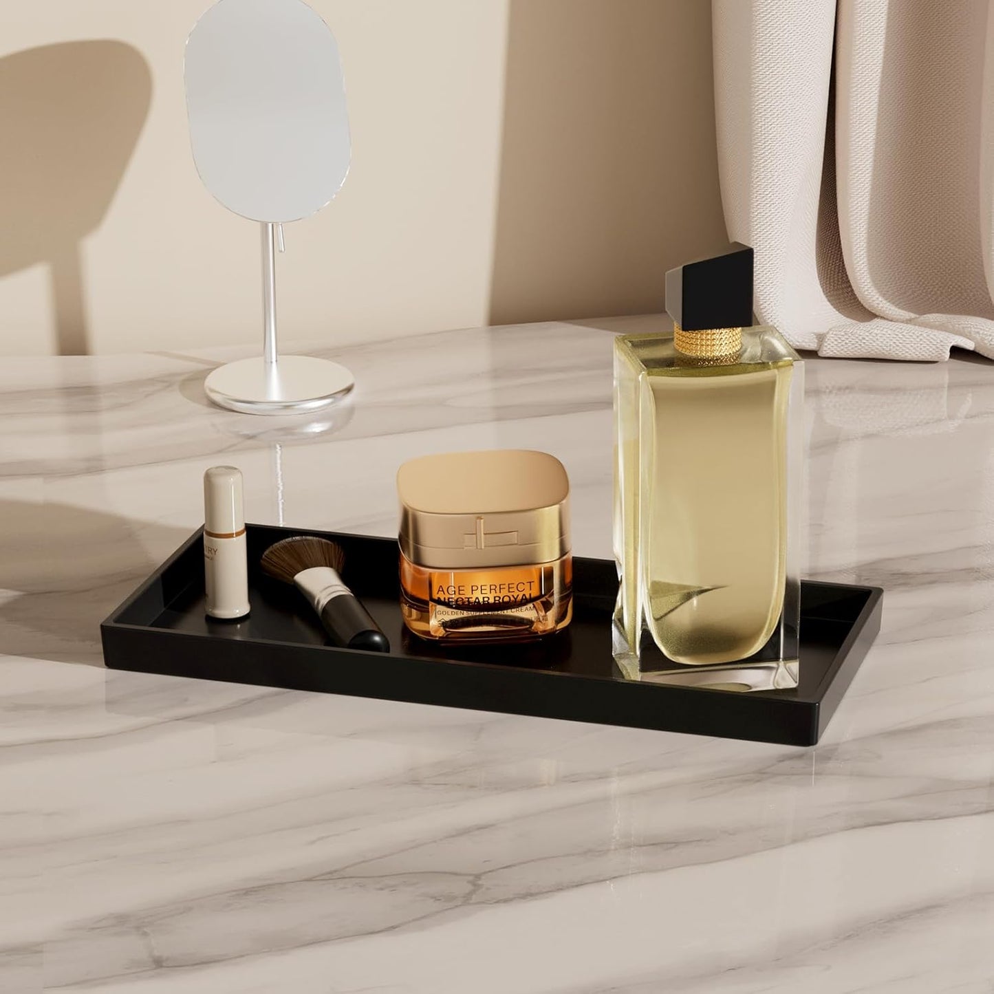 Vanity and Bathroom Tray, 11.8" ABS Countertop Organizer,Waterproof Vanity Tray for Toilet Tank,Perfume,Soap,Keys,Bathroom Accessories,Kitchen and Bath Trays,Non Slip Small Trays,Black