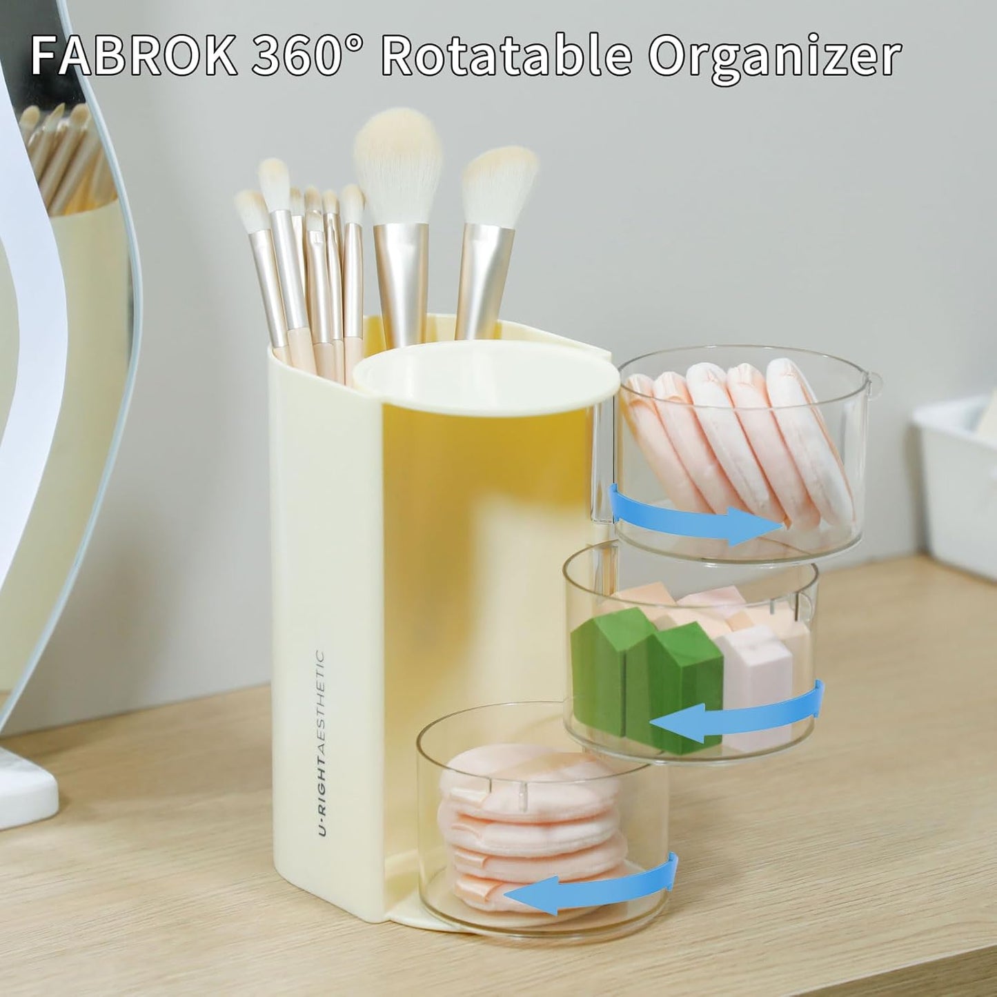 FABROK 3-Layer Clear Hair Accessories Organizer with Hair Brushes Holder, Rotatable Small Jewelry Box for Hair Clip Earring Necklaces, Desktop Organizer Case for Cotton Swab, Hair Accessories(Yellow)