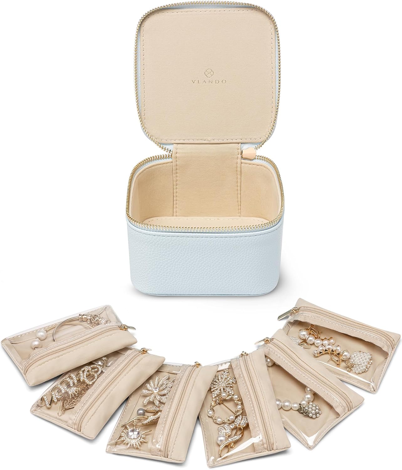 Vlando Travel Jewelry Case,Travel Jewelry Organize with 6 Velvet Jewelry Zipper Pockets,Premium Petal Hardware Jewelry Case for Birthday Wedding Graduation Gifts-Baby Blue
