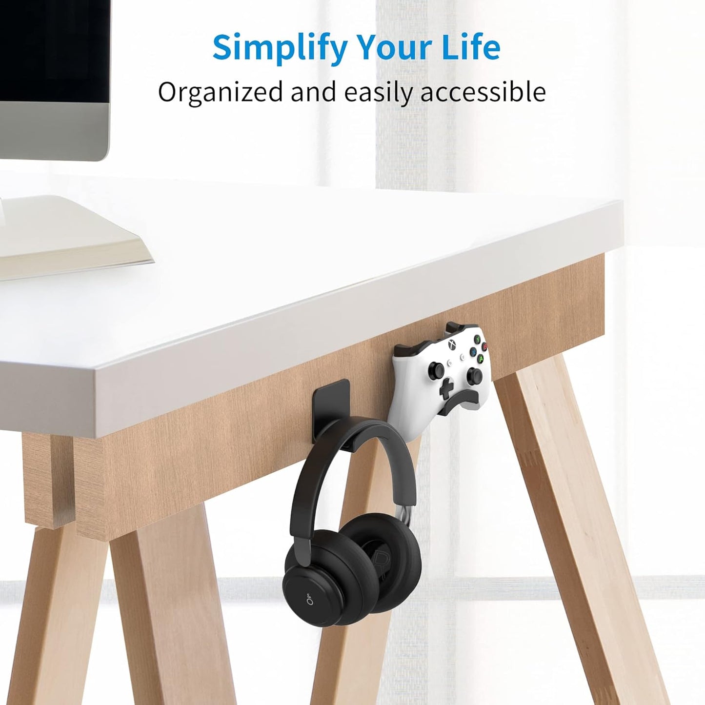 SOKUSIN Headphone Stand Headset Holder - Adhesive Gaming Earphones Hanger, Universal Desk Wall Mount Hook for All Headphone/Controller, Compatible with Beats, AirPods Max,Sony, JBL (Black-2PCS)