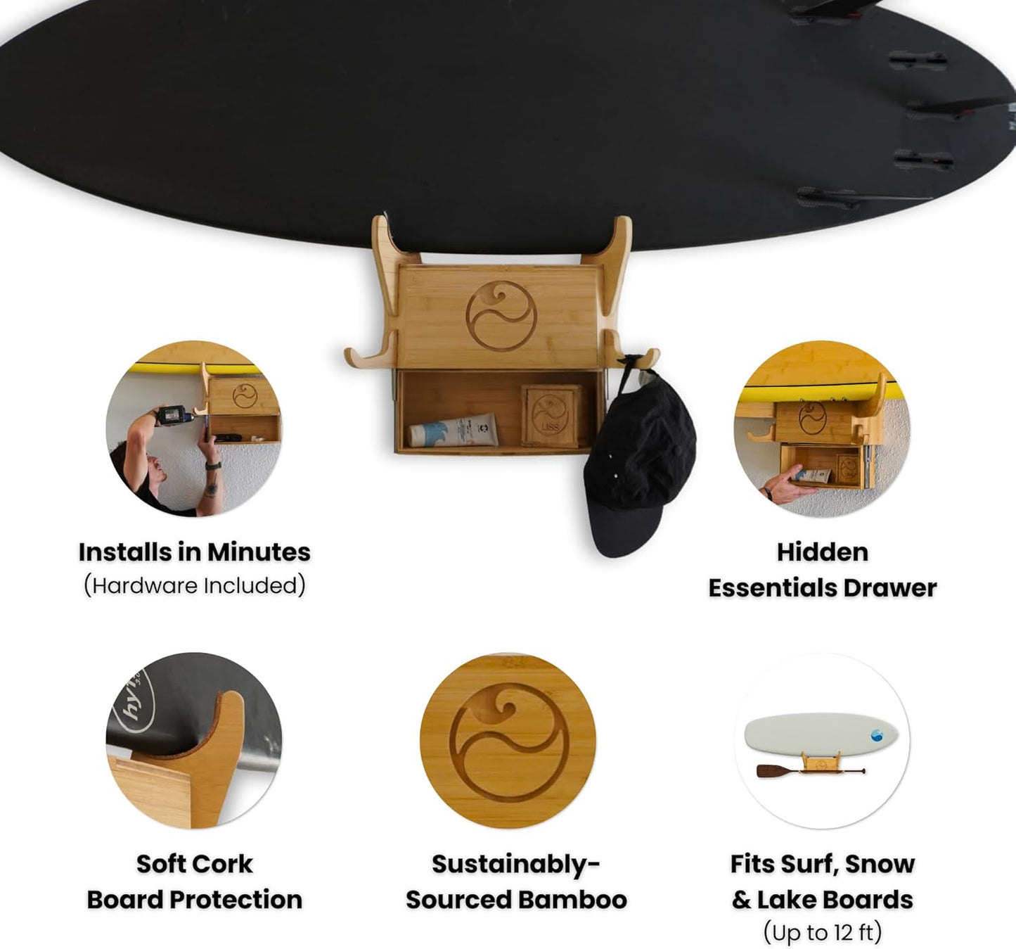 LISS Solo Rack – Wall Mount Surfboard Holder for ONE Board – Bamboo Board Rack with Interchangeable Arms & Hidden Storage Drawer – Fits Shortboards, Longboards, SUPs, Wakeboards, Snowboards up to 12ft