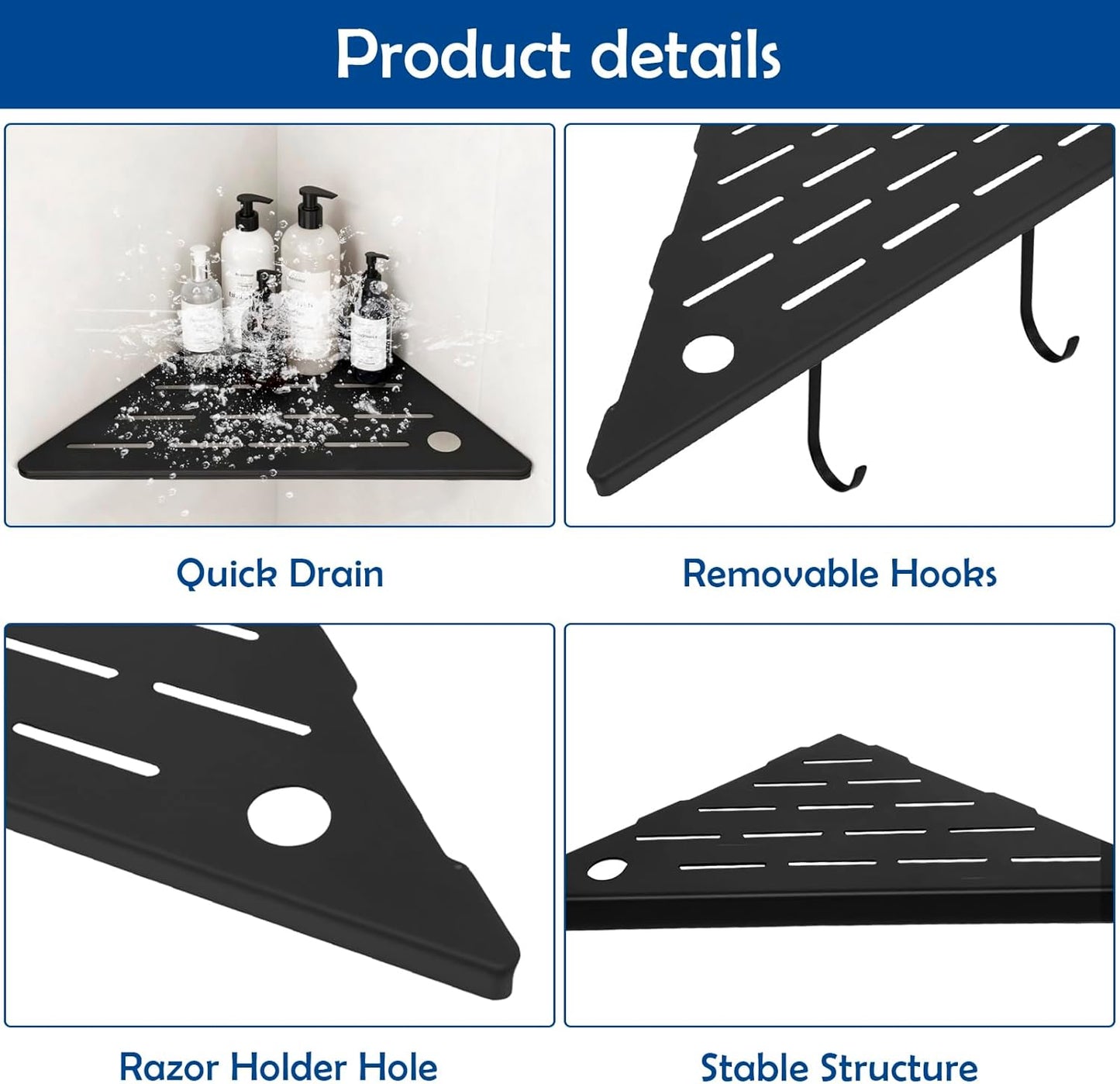 10" Corner Shower Shelves,Shower Corner Shelves Organizer Shelf for Tiled Wall 2 Packaging,SUS304 Stainless Steel Slot Design Tile Shower Shelves with 2 Hooks Matte Black