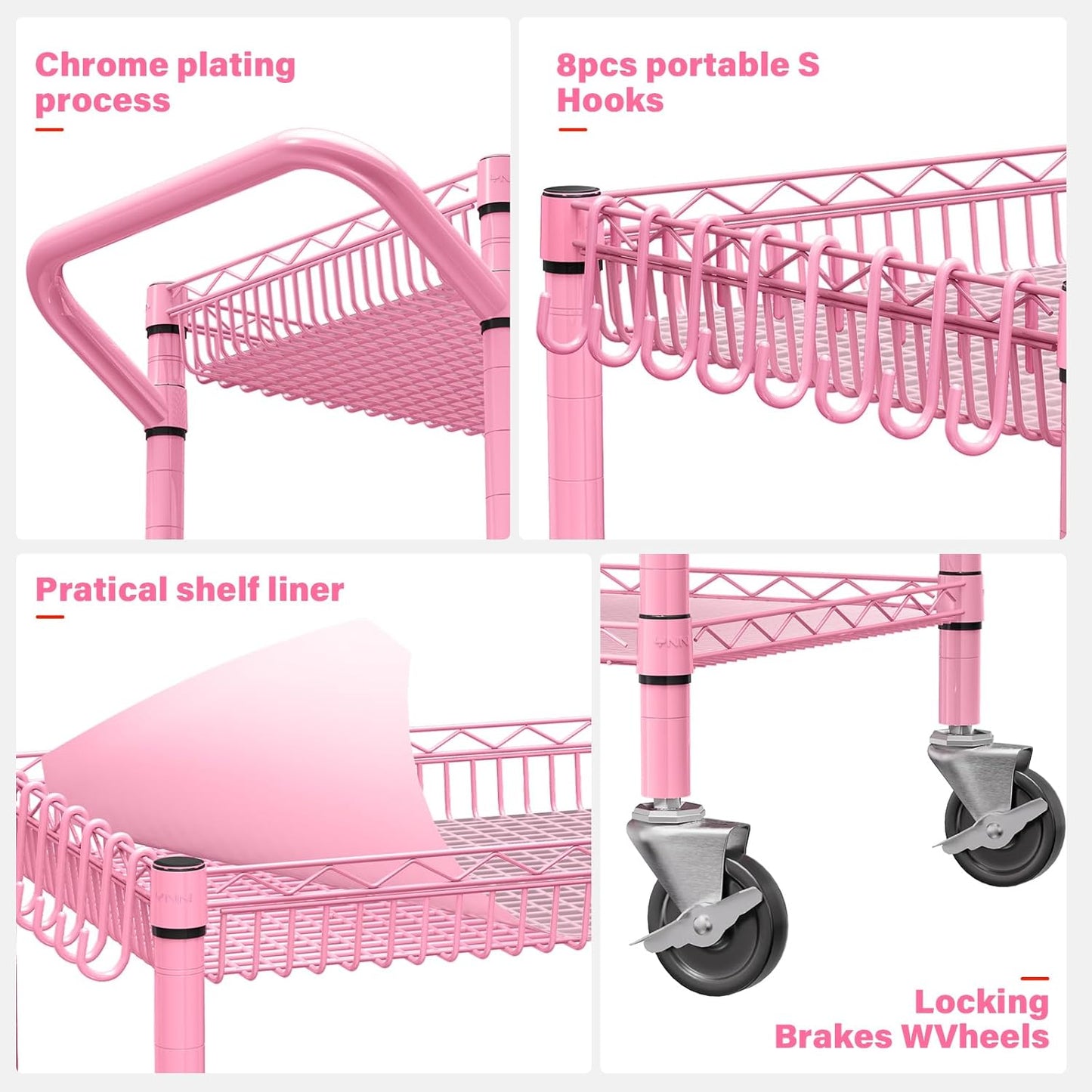 YNN Pink Rolling Cart, 990Lbs 3 Tier Heavy Duty Metal Cart with Wheels & Handle NSF Wheeled Cart 31" D x 18" W x 33" H for Bedroom, Bathroom, Kitchen,Garden,Decor,Serving