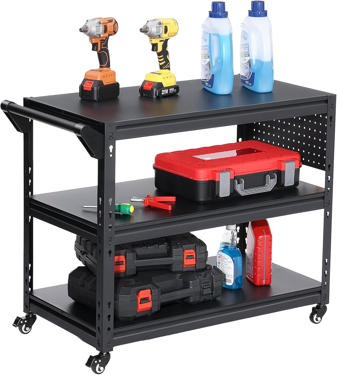 3-Tier Rolling Workbench Heavy Duty Adjustable Metal Tool Work Table with Side Pegboard, Wheels & Push Handle Mobile Workstation for Garage, Warehouse, Kitchen