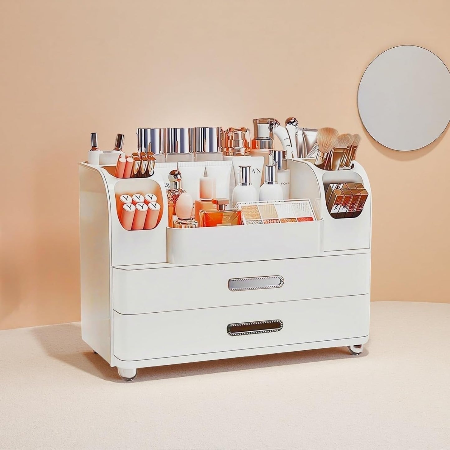 Makeup Organizer with Drawers for Vanity,Bathroom Countertop Organizer with Brushes Holder,Skincare Storage Organizer,Perfect Cosmetic Display Case for Skincare,Lipstick and Beauty Essential