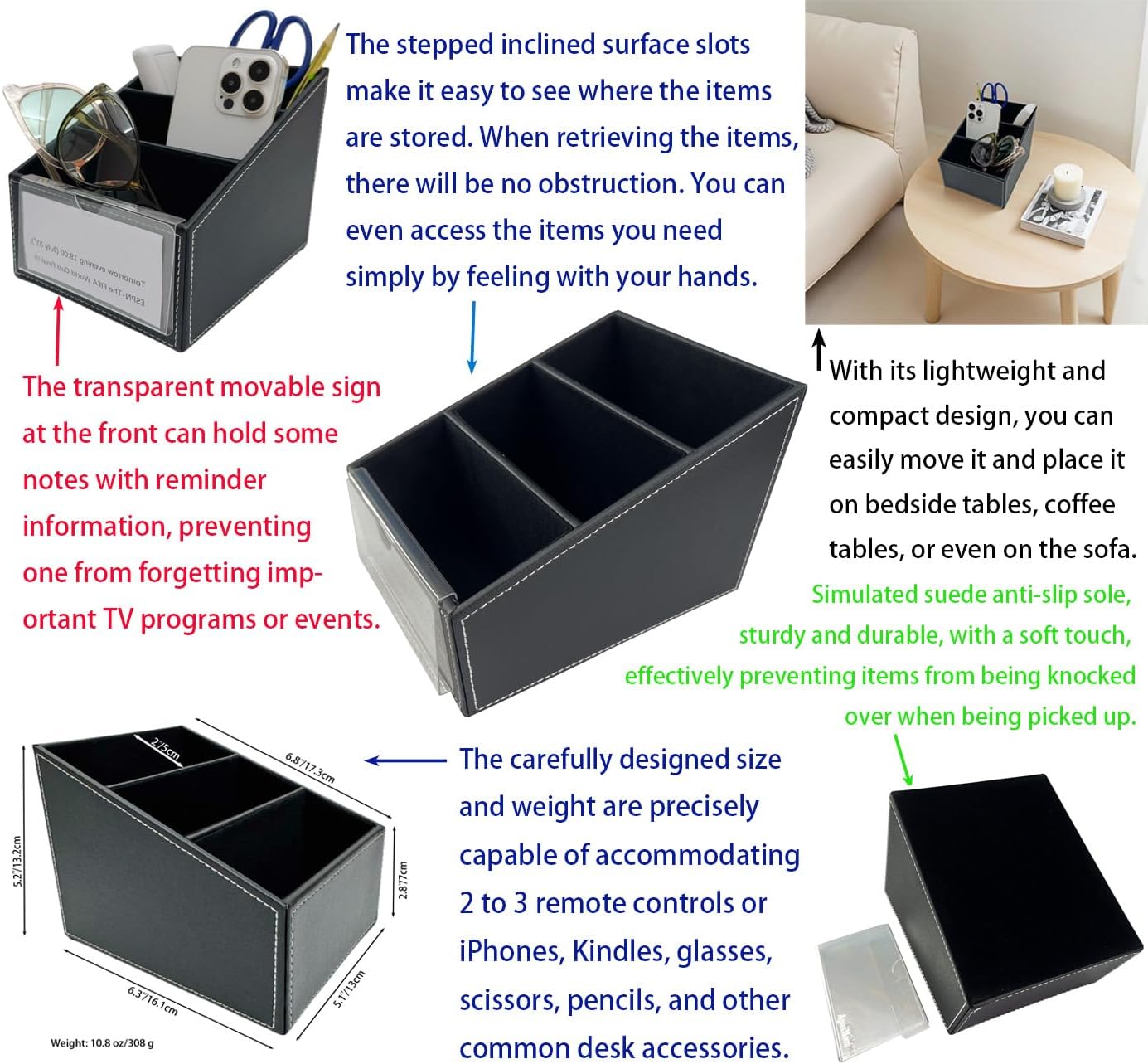 AgentMoon Classic Remote Control Holder,Professional Slope Design Imitation Suede Fabric Storage Box,3-Compartment Desk Clutter Organizing Box.6.3x5.1x5.2 inches,10.8oz/308g(Black 1PCS)