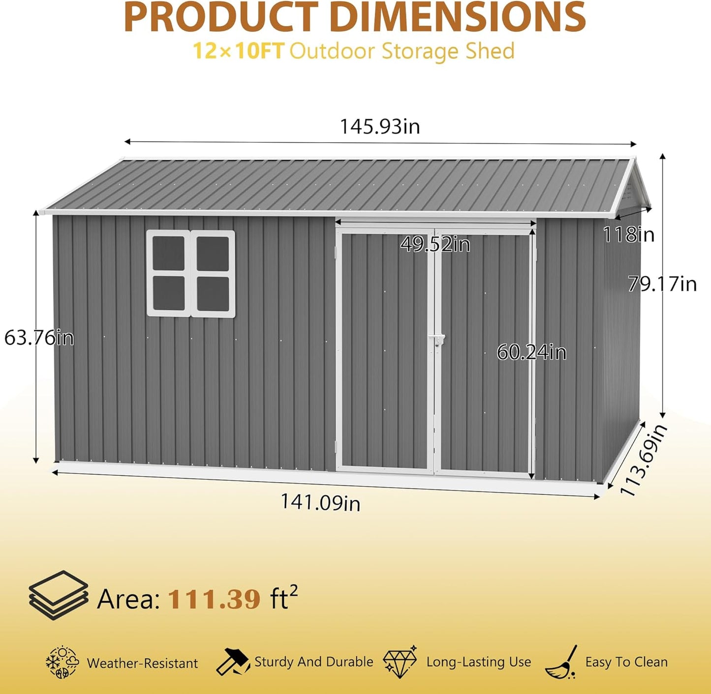 10X12 FT Outdoor Storage Shed Heavy-Duty Metal Sheds & Outdoor Storage with Floor Frame, Rustic Style Window and Lockable Doors Bright and Spacious Tool Sheds for Backyard Garden Patio Lawn, Gray