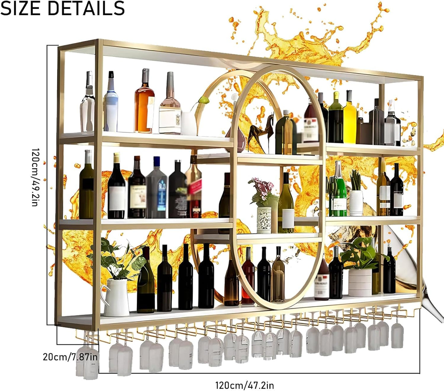 Large Wall Mount Wine Rack, Metal 4 Tier Large Capacity Hanging Bar Rack with Wine Glass Holder, Oval Wine Bottle Storage Display Rack for Kitchen, Living Room, Home (Gold, 120cm/47.2in)
