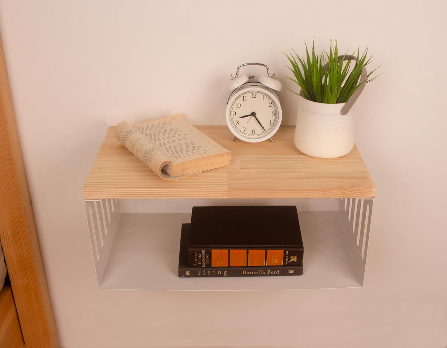 Floating Nightstand with White Metal Base, Wooden Top and Sturdy Metal Base, Minimalist Bedside Table, Wall Mounted Shelf, Bedside Shelf (Natural)