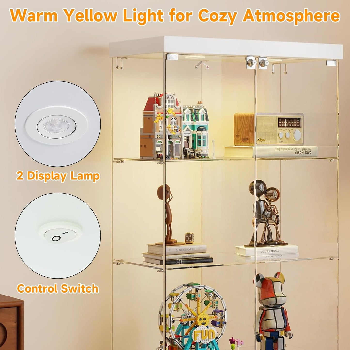 Tempered Glass Display Cabinet with Lights, 4-Tier Curio Cabinet with Glass Doors Wheels Two Locks, Glass Display Case for Collectibles for Living Room, Bedroom, Office, White, Double Door