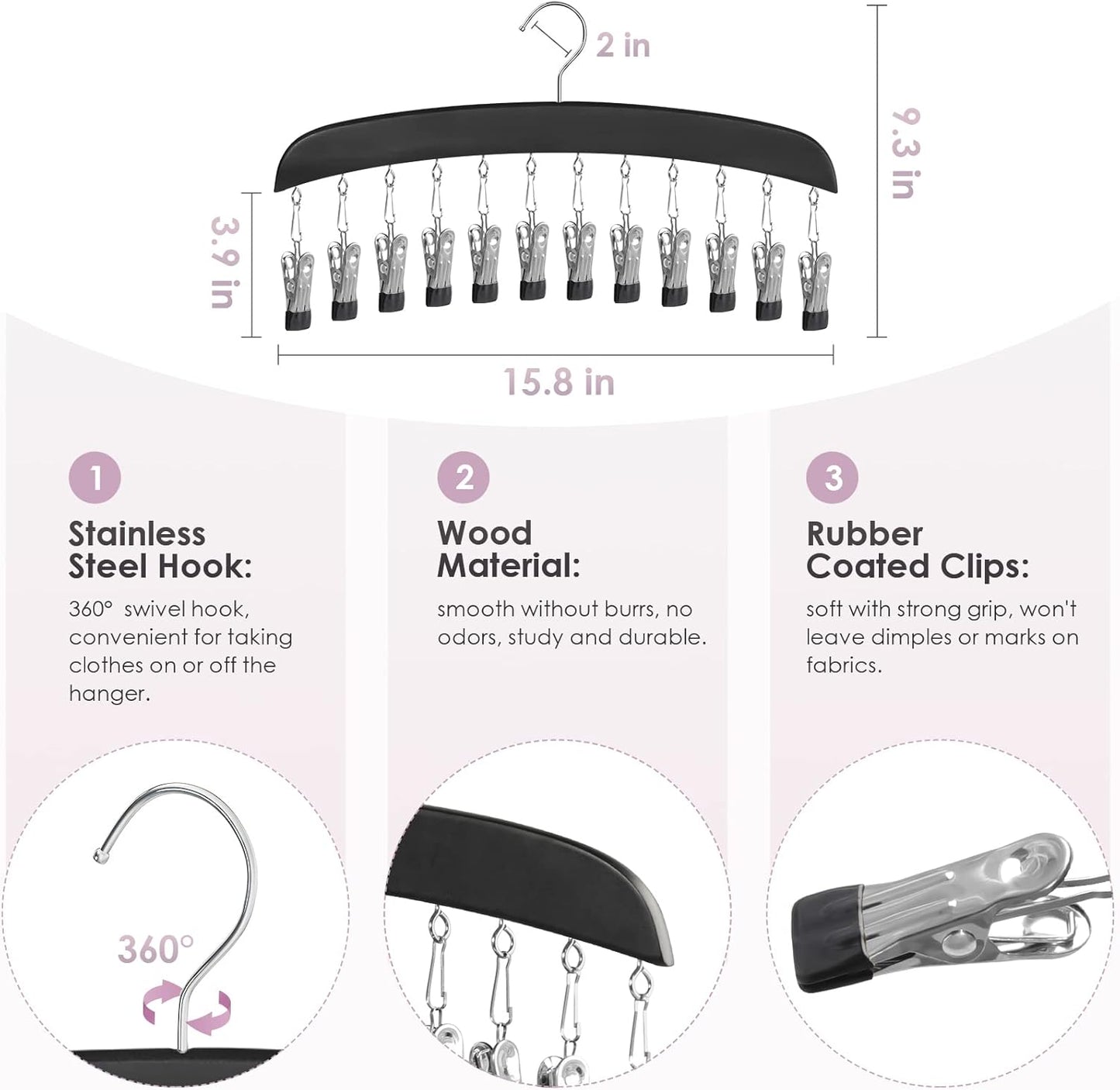 Leggings Hangers, Wooden Closet Hanging Leggings Storage Organizer Scarf Hangers with 24 Clips, 360° Swivel Hook, Black, 2 Pcs
