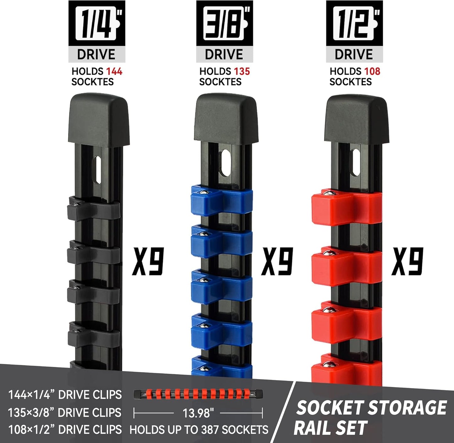 Socket Organizer Drive ABS Tools-Socket Holder, Premium Quality 27 Pieces Socket Holders Kit 1/4-Inch x 144 Clips, 3/8-Inch x 135 Clips, 1/2-Inch x 108 Clips（27PC,Blue&Red&Black)