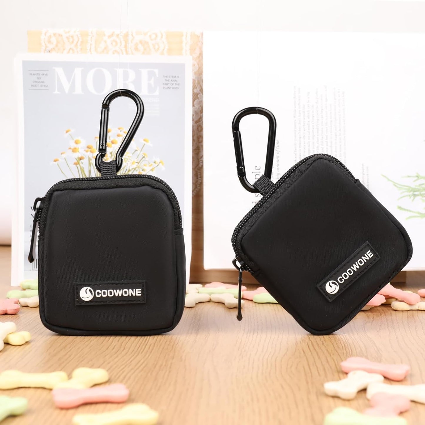 Dog Treat Pouch 2 PCS, Waterproof Small Dog Treat Bag for Leash, Hands Free Dog Walking Bag with Carabiner, Dog Poop Bag Holder for Pet Puppy Travel or Outdoor Use, Zipper Closure to Avoid Spilling