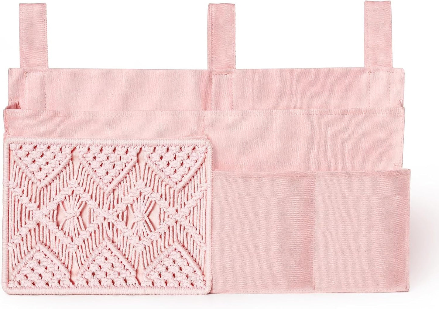 Mkono Bedside Caddy Hanging Organizer, Bunk Woven 7 Pockets Bed Storage Bag Boho Remote Magazine Books Holder with Macrame for Loft Bed College Dorm Bedroom Baby Bed Rails, Pink