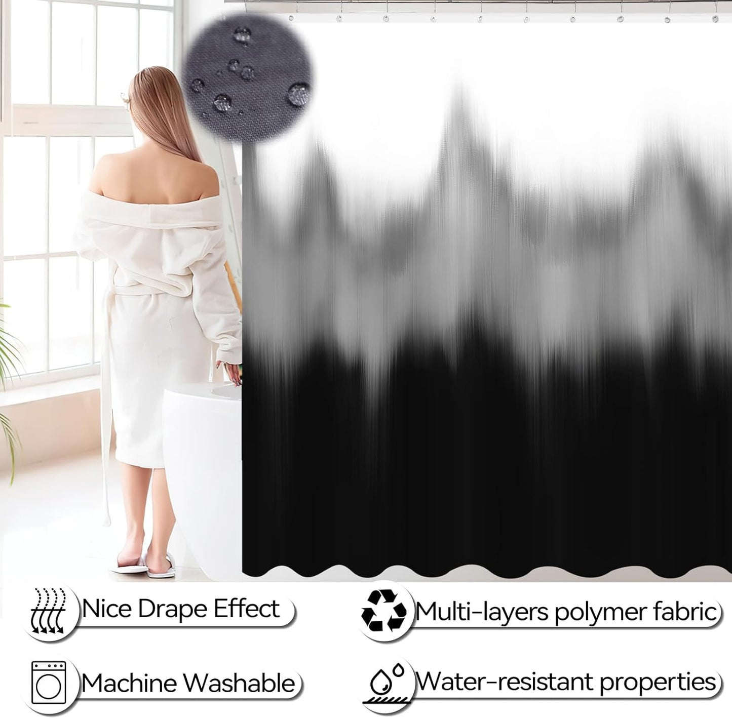 iMucci Bathroom Accessories Black Bathroom Sets with Shower Curtain and Rug, Black Ombre Waterproof Shower Curtain with Ultra Absorbent Rug Bathroom Accessories Set for Home Decor