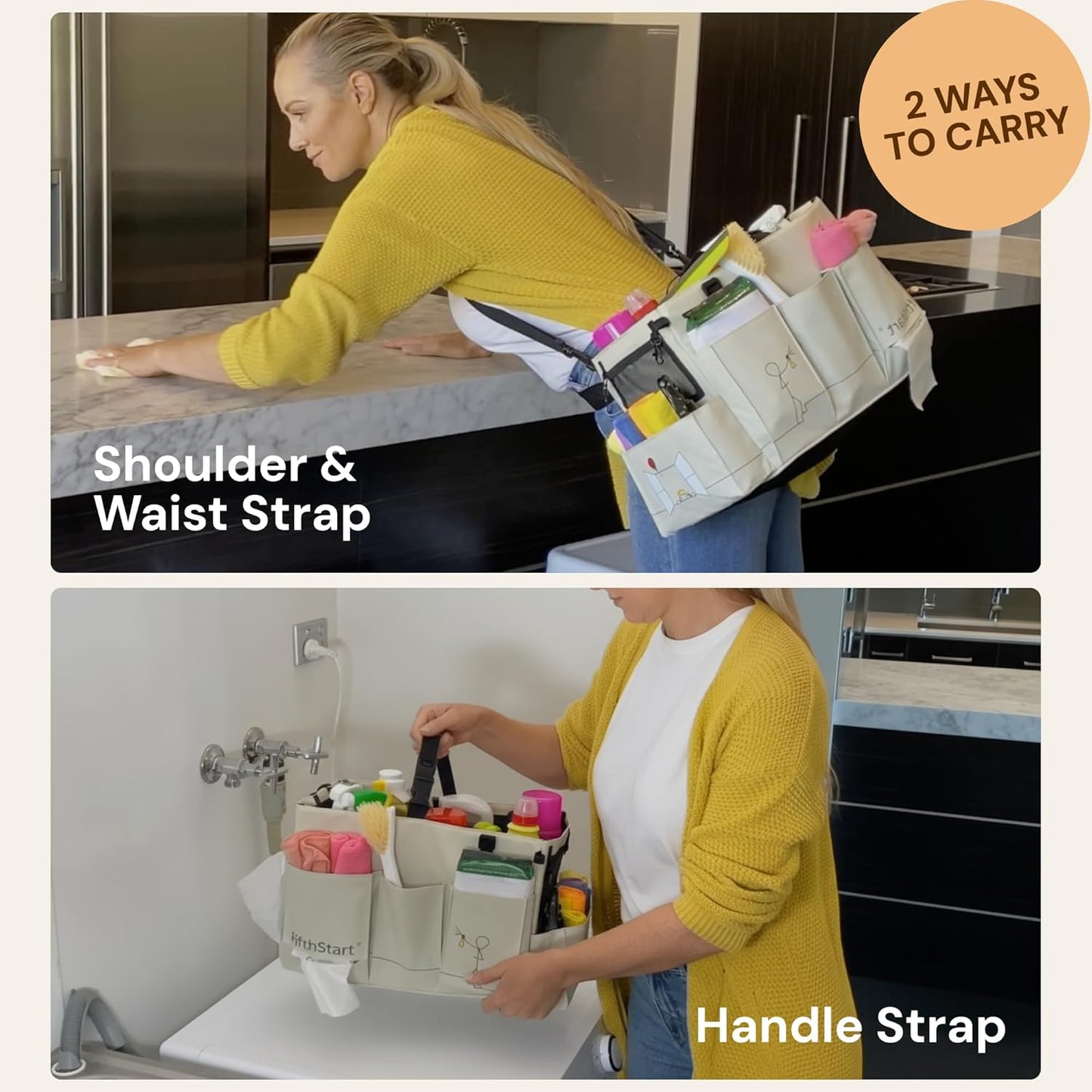 FifthStart Cleaning Supplies Organizer Tote & Caddy - X-Large, Black Nylon - Adjustable Straps for Cleaning Tote - 9 Pockets & Dividers in Organizer Bag - Durable Nylon Construction for Diaper Caddy