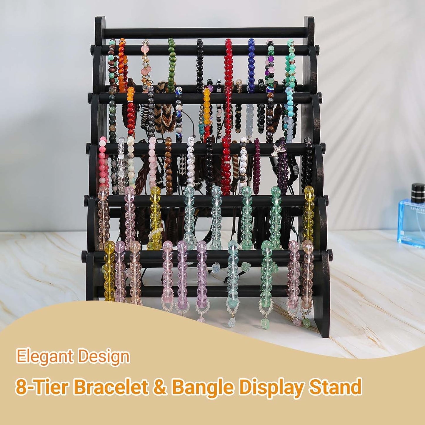 Wooden Bracelet Holder 8 Tier Jewelry Bracelet Display Stand, Portable Organizer for 150-240 Bangles & Scrunchies - for Vendors,Retail Stores, Craft Shows, and Home Storage (black)