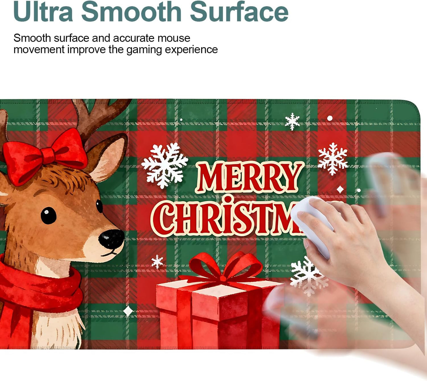 Merry Christmas-Elk Gaming Mouse Pad 35.4"x15.7"Desk Mat Anti-Slip Rubber Base & Durable Stitched Edges for Gamers Smooth Mouse Writing Surface for Desk Office/Home