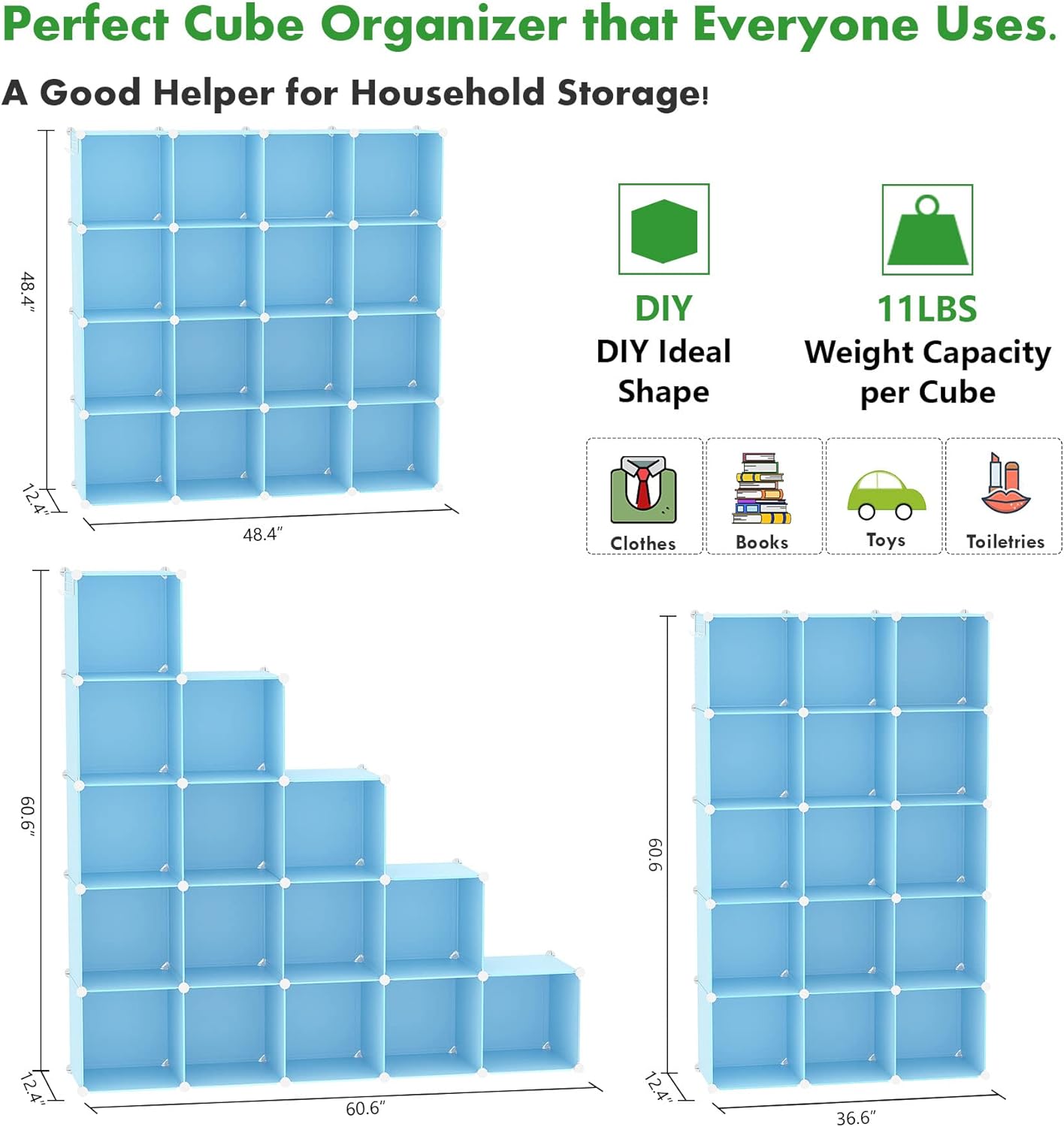 C&AHOME Cube Storage Organizer, 16-Cube Shelves Units, Plastic Storage Cubes, DIY Closet Organizer, Modular Closet Storage Shelves Ideal for Home, Bedroom, 48.4" L × 12.4" W × 48.4" H Blue UPCS16L