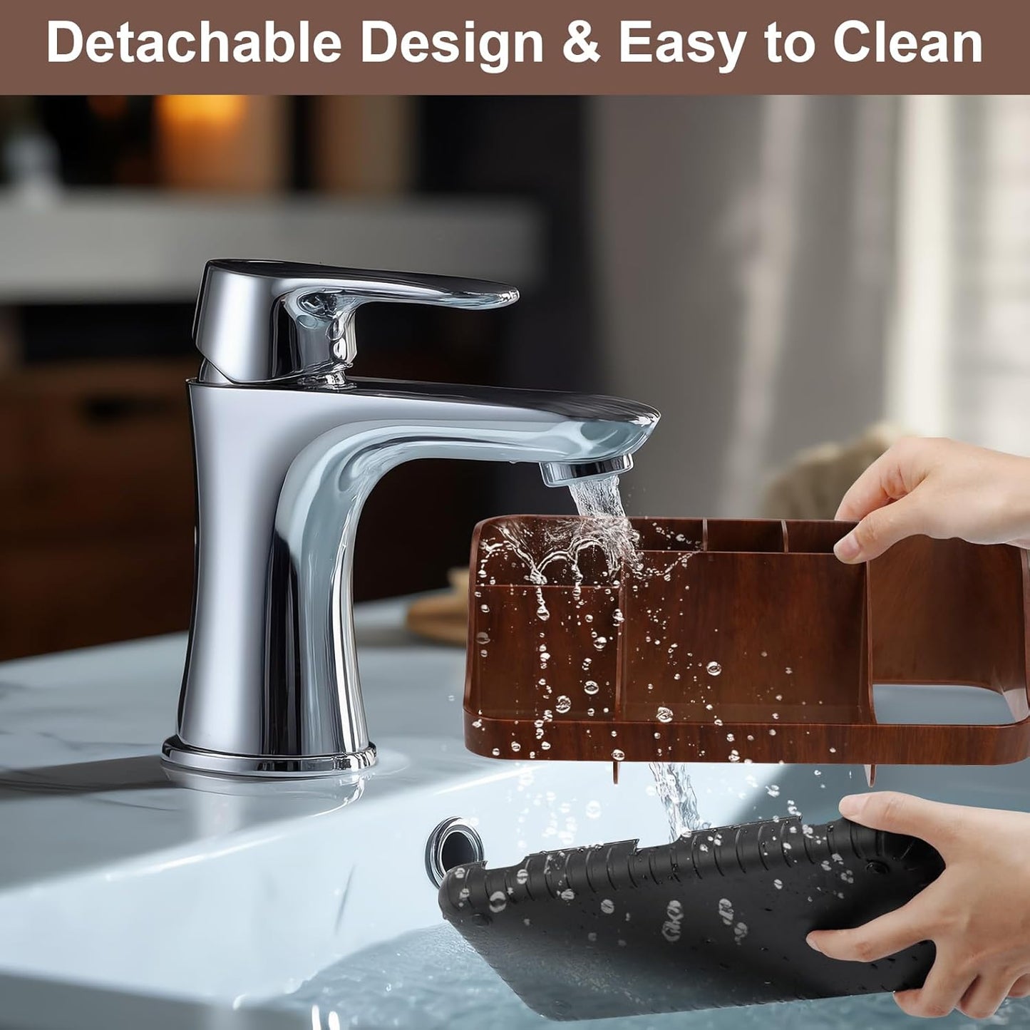Wood Toothbrush Holders for Bathrooms Countertop Organizer - Detachable 7 Slots Kid Bathroom Decor and Accessories, Wooden Bathroom Sink Storage Organization, Caddy, Tray, Brown