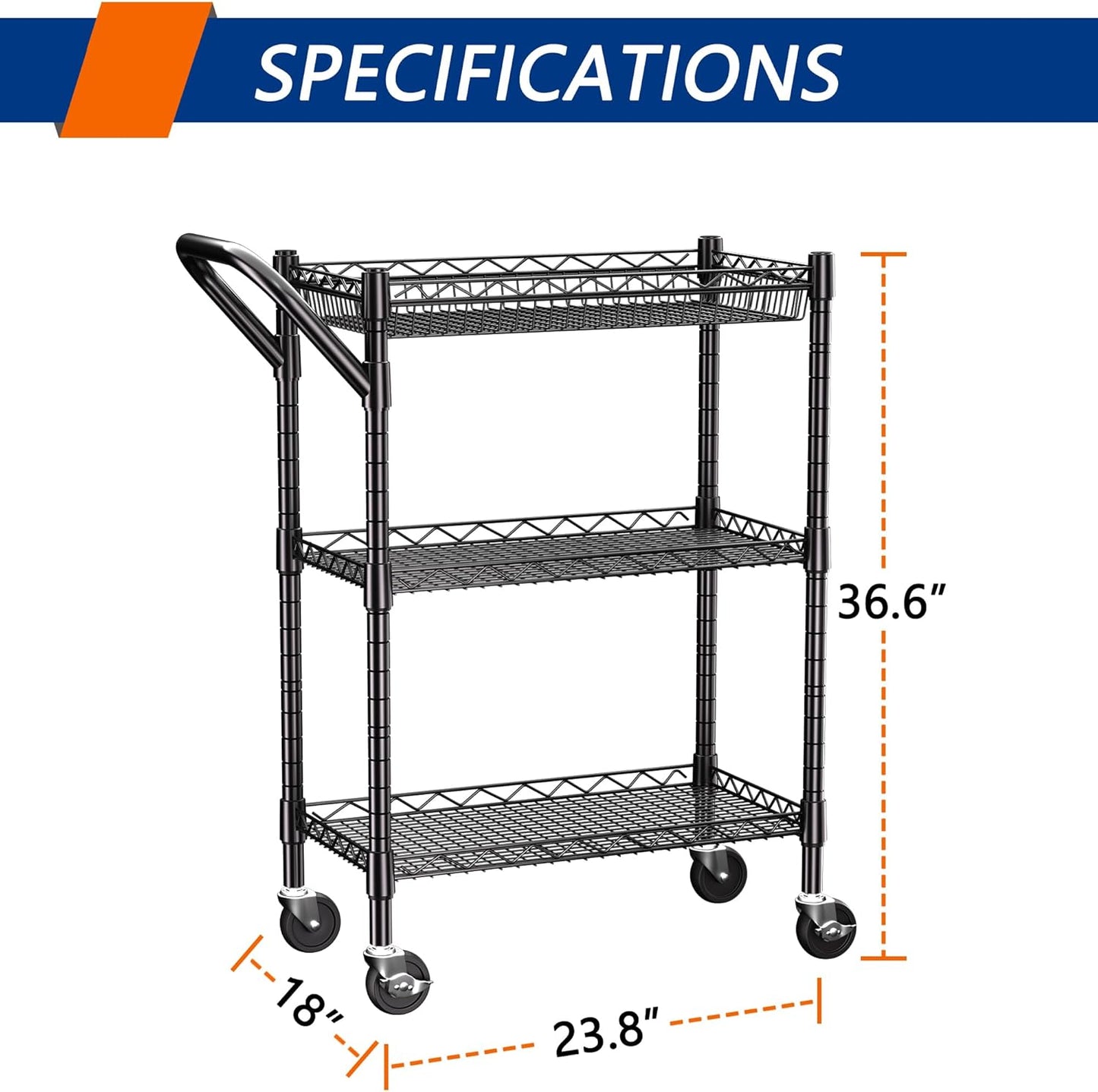 3 Tier Heavy Duty Rolling Utility Cart,18" D x 23.8" W x 36.6" H Rolling Carts with Wheels,Commercial Grade Metal with Handle Bar & Shelf Liner,Trolley Serving Storage Cart for Kitchen Black