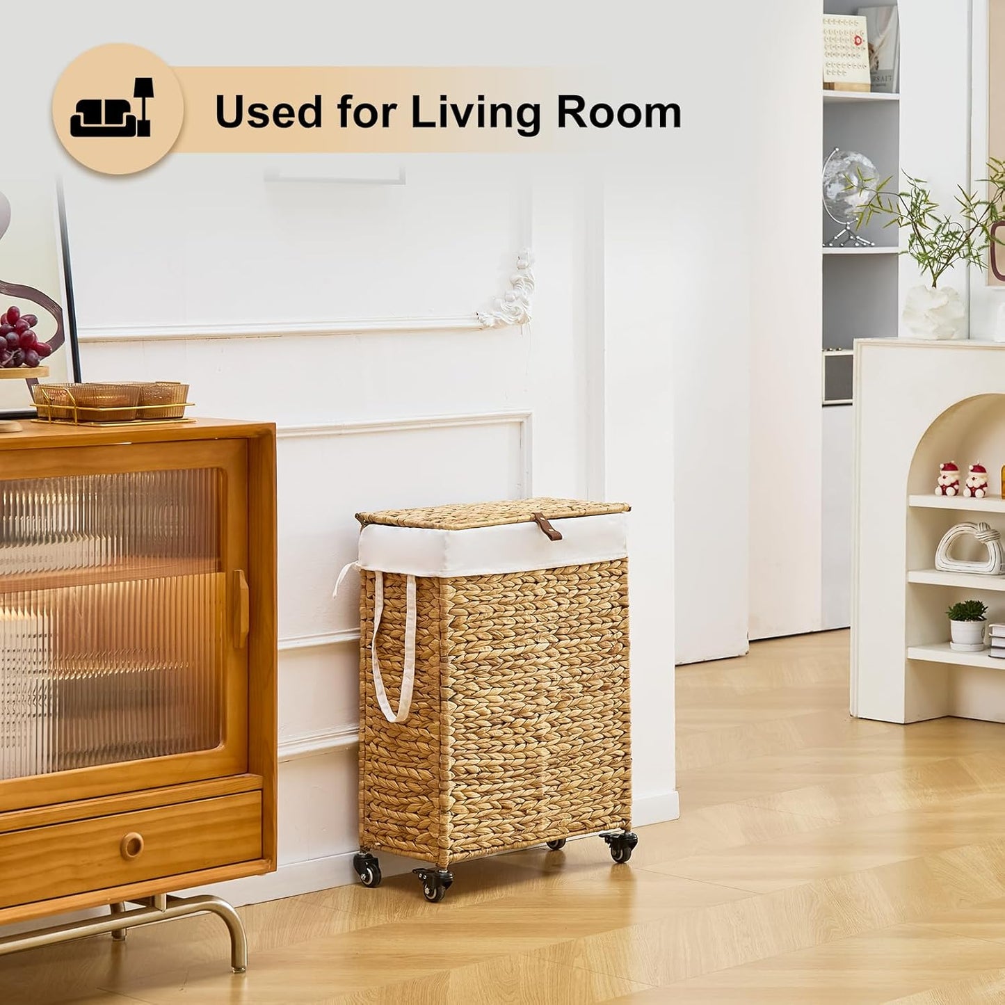 Rolling Laundry Hamper with Lid and Wheels, Slim Laundry Basket with Removable Liner Bag & 2 Mesh Bags, Handwoven Water Hyacinth Clothes Hamper for Bedroom Bathroom (Natural, 65L)