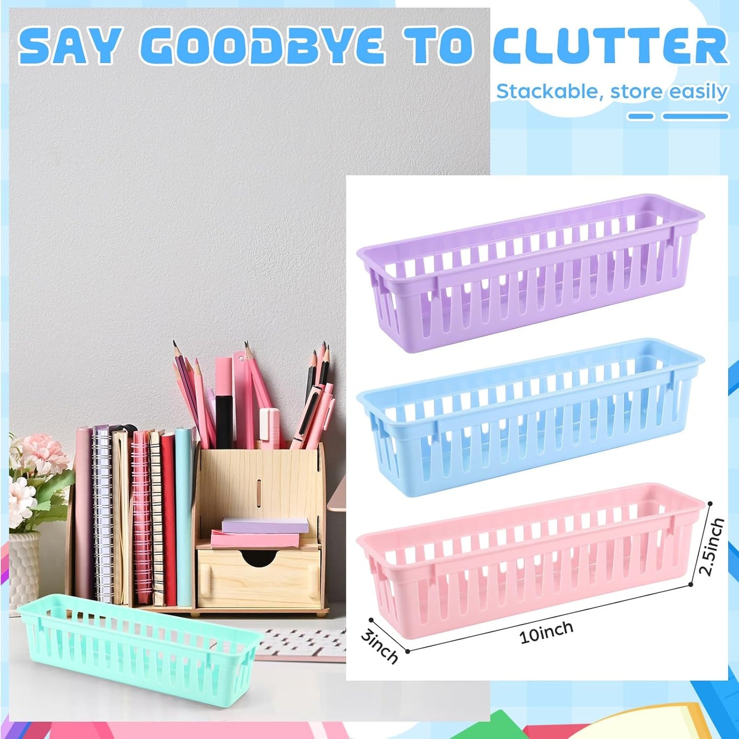 6 Pcs Morandi Slim Plastic Storage Baskets Tray 10 x 3 x 2.5 Inch Compact Stackable Desk Organizer for Office, Classroom, School Supplies, and Home Storage, Organization(Morandi)