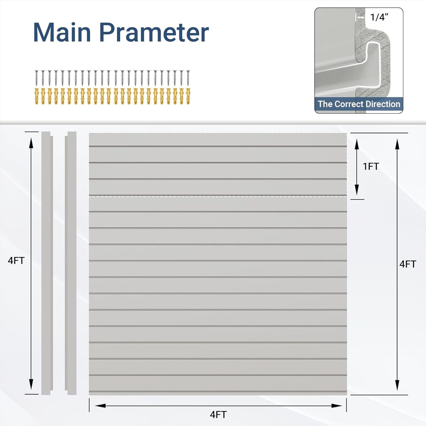 Slatwall Panel 4 FT x 4 FT, Interlocking Slat Wall Paneling, Wall Mounted PVC Wallpanel, Suitable for Garage Storage and Organizer, Slatwall Board, Shelves - Grey