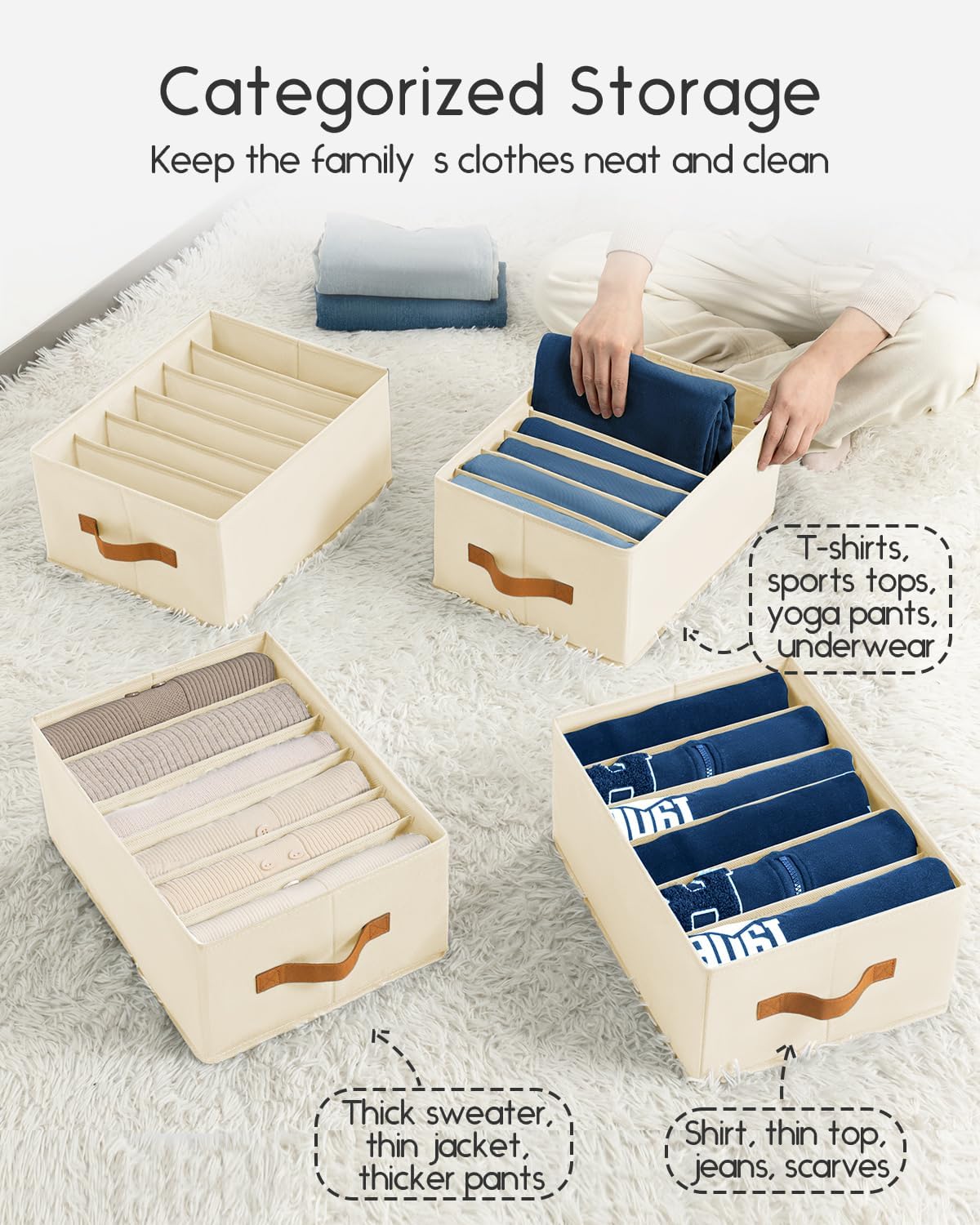 Closet Organizers and Storage - Fabric Clothes Organizer with Handles, Foldable Jeans Organizer for Clothes, Drawer Organizer for Shirts, Bra, Sweater, Scarf, 4 Pack, Beige