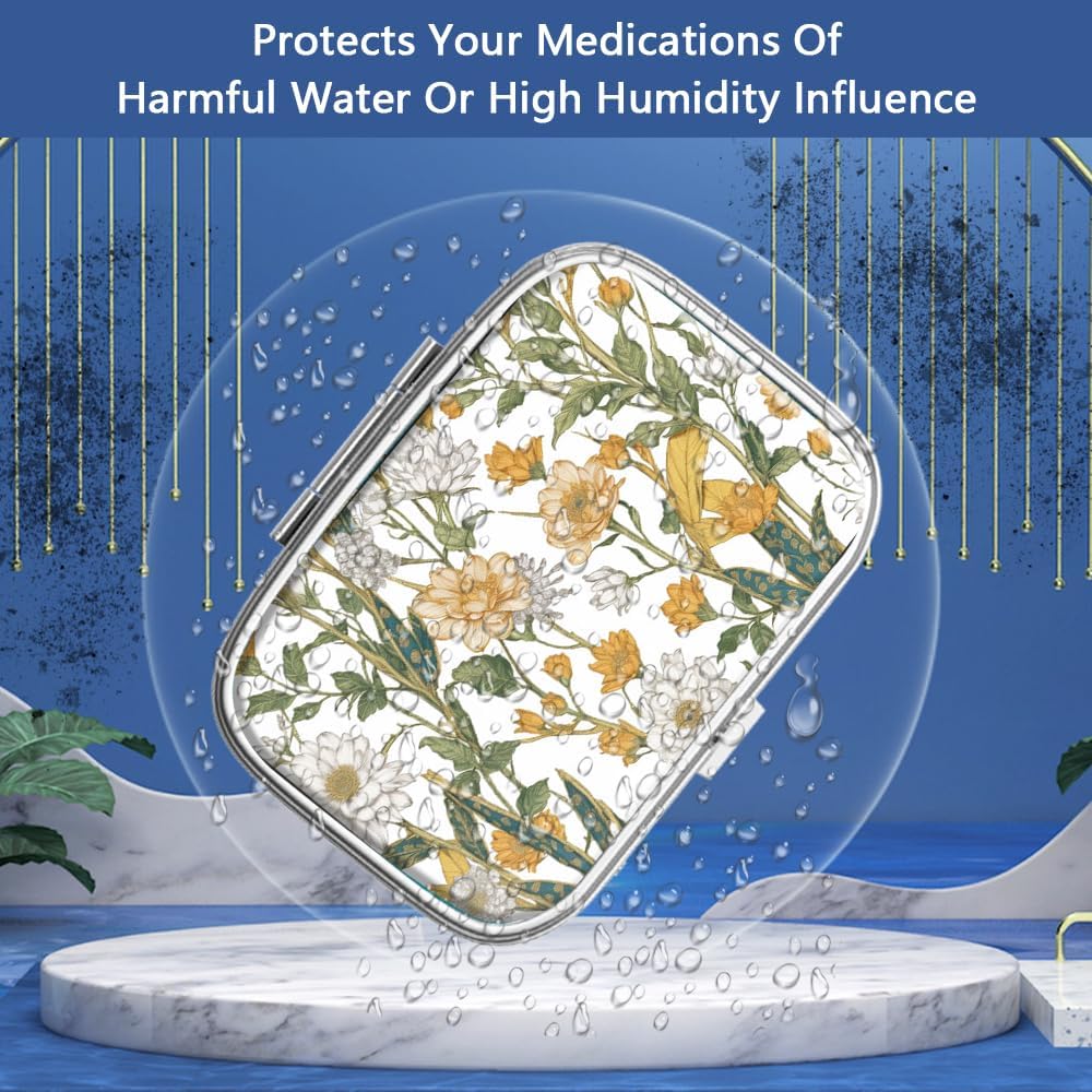 2 Compartment Pill Box, Portable for Pocket or Handbag, Decorative Metal Pill Box, Vitamin Organizer, Unique Gift (1 Piece, 39-Flowers Pinck)