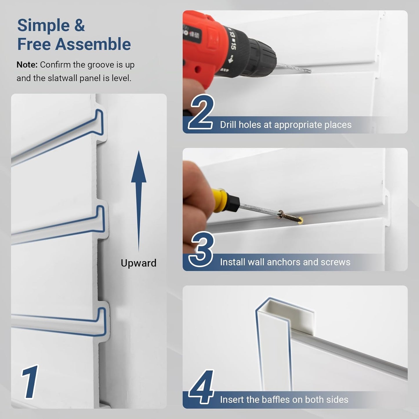 4FT x 2FT Modern White PVC Slatwall Panel, Wall Mounted, 1 Shelf, Garage Storage, 75 lbs Weight Capacity