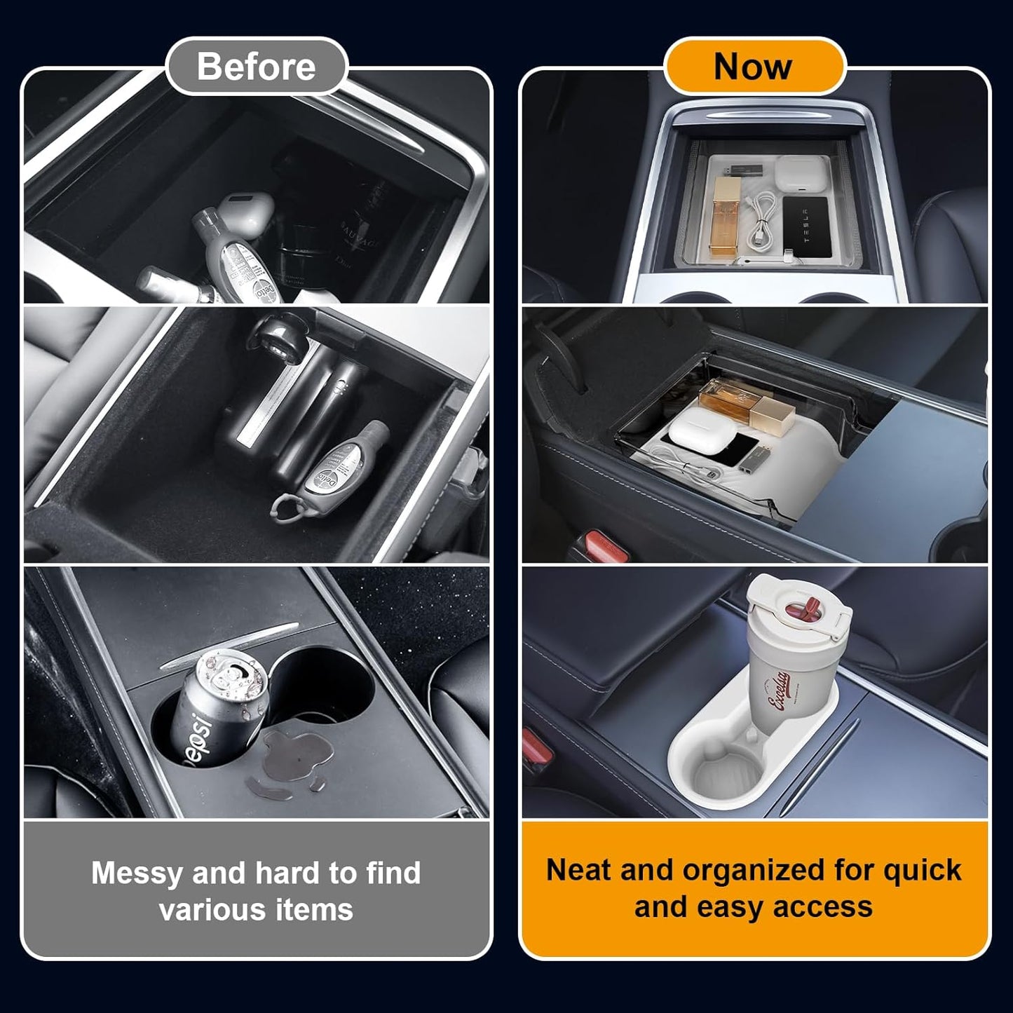 Center Console Organizer Tray 5PCS for Tesla Model Y Accessories 2024-2020(Not Fit Model Y Juniper), Armrest Storage Tray and Hidden Storage Box, Cup Holder Insert, Under Seat Storage Box, White