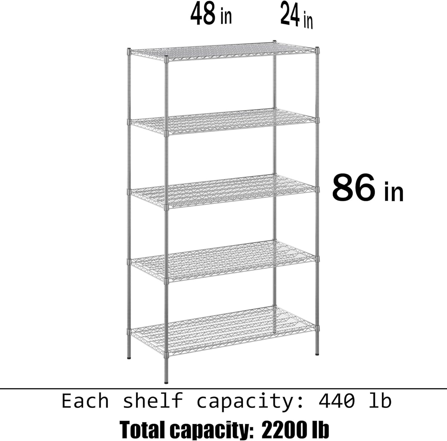 24" Deep x 48" Wide x 86" Height Wire Shelving Kit | 5-Tier | NSF Commercial Storage Rack Unit