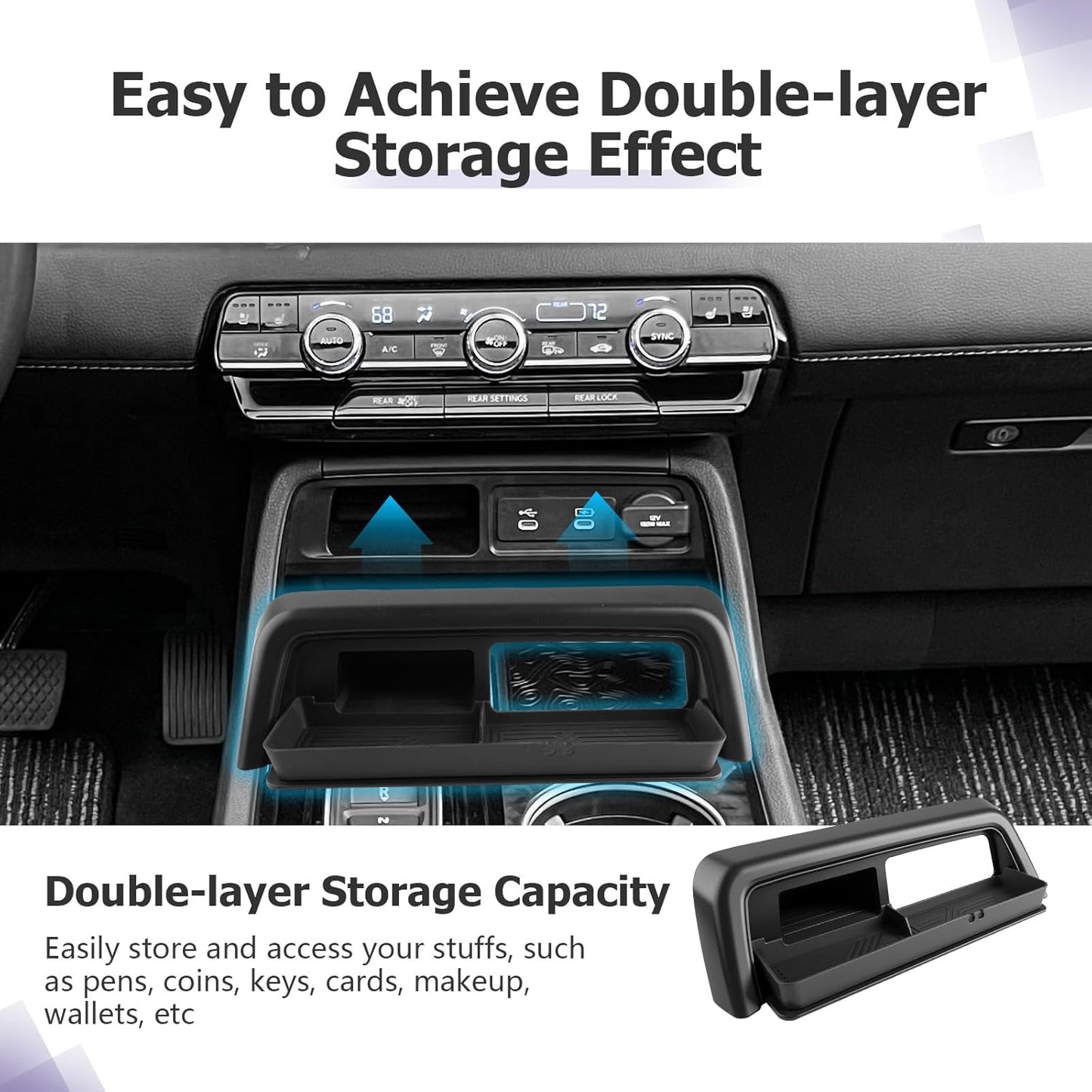 LUWU 2026 Honda Passport Accessories Compatible with 2023 2024 2025 2026 Pilot & 2026 Passport Center Console Organizer, Armrest Storage Box Tray Organizer Insert Tray 2025 Pilot Accessories Black