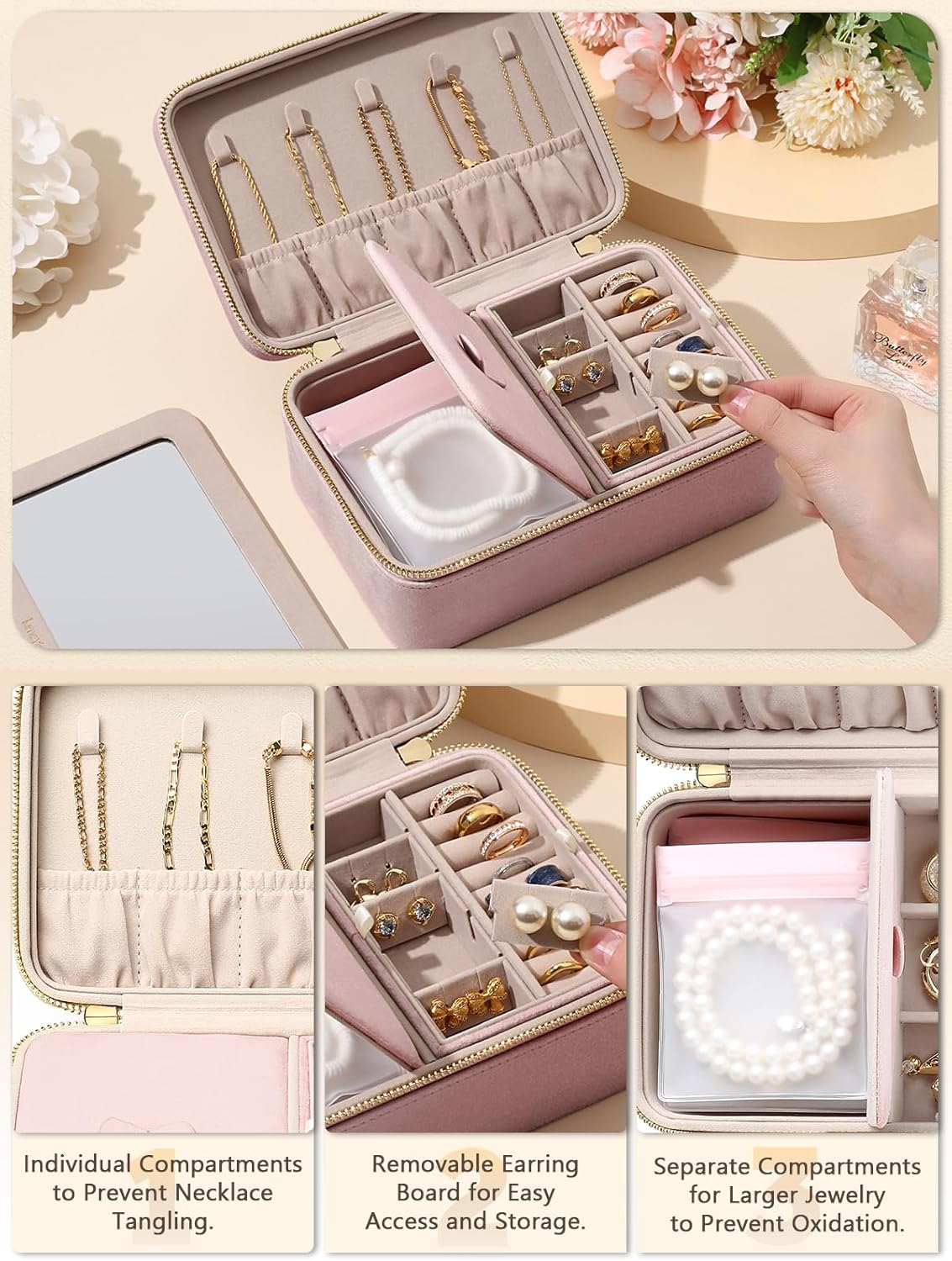 Velvet Travel Jewelry Box with Large Mirror, Double-Layer Jewelry Organizer Case for Women and Girls, Portable Storage Case with 6 Anti-Tarnish Bags Gift Ready for Her (Blush Pink)