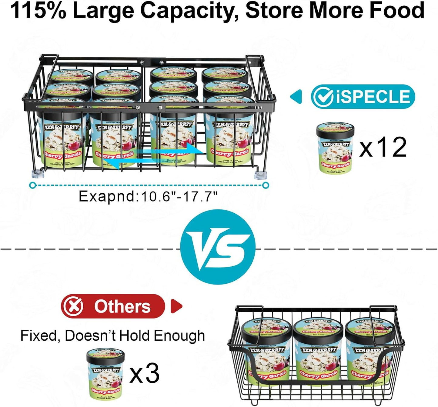 iSPECLE Freezer Organizer Bins - Fit 10 to 20 Cu.FT Deep Freezer, 4 Pack Large Expandable Stackable Chest Freezer Organizer Bins Sort Frozen Food and Easily Get without Digging in the Freezer, Black