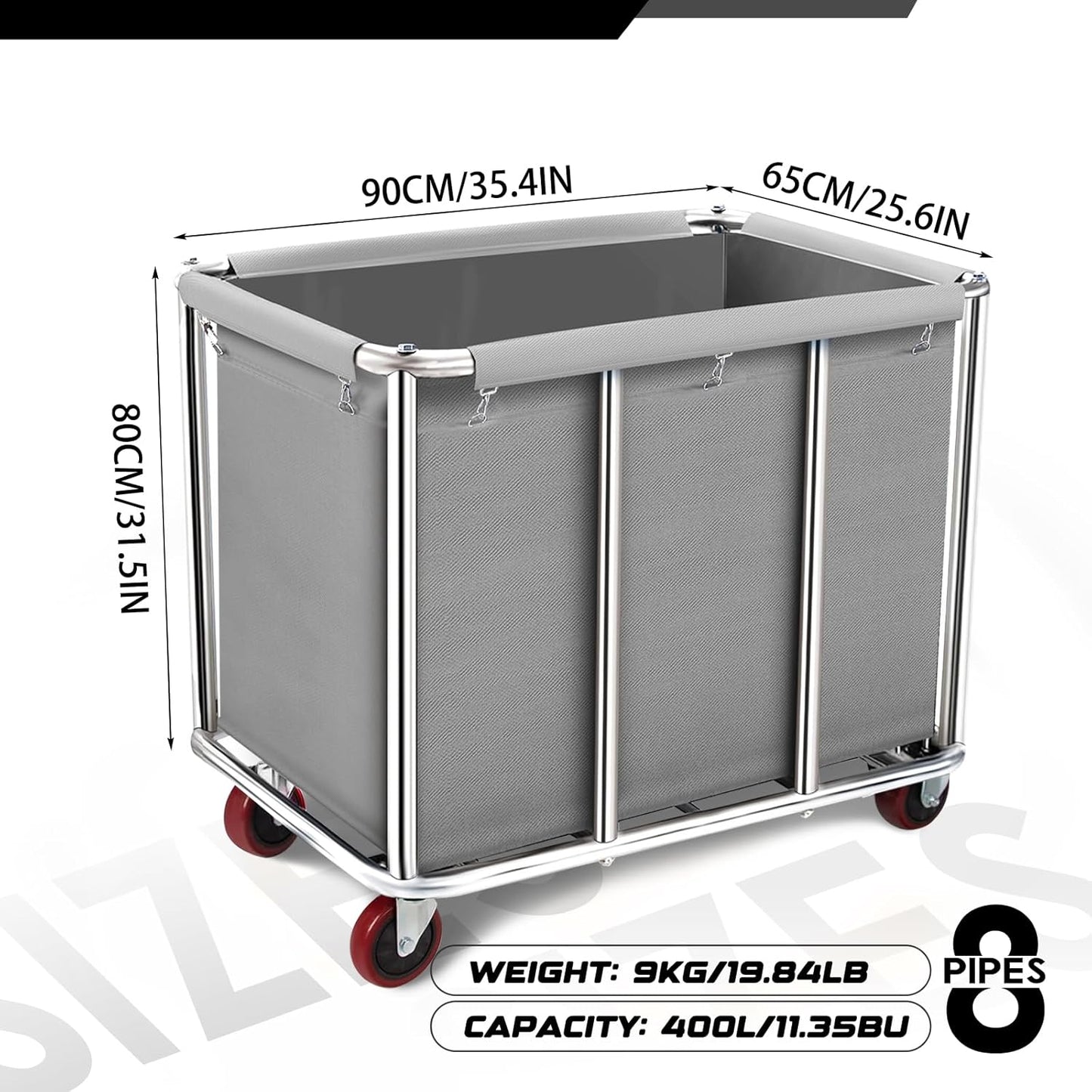 Commercial Laundry Cart on Wheels, 11.35 Bushels Large Roller with Removable Waterproof Canvas Lined Basket, Heavy Duty Stainless Steel for Hotels and Hospitals