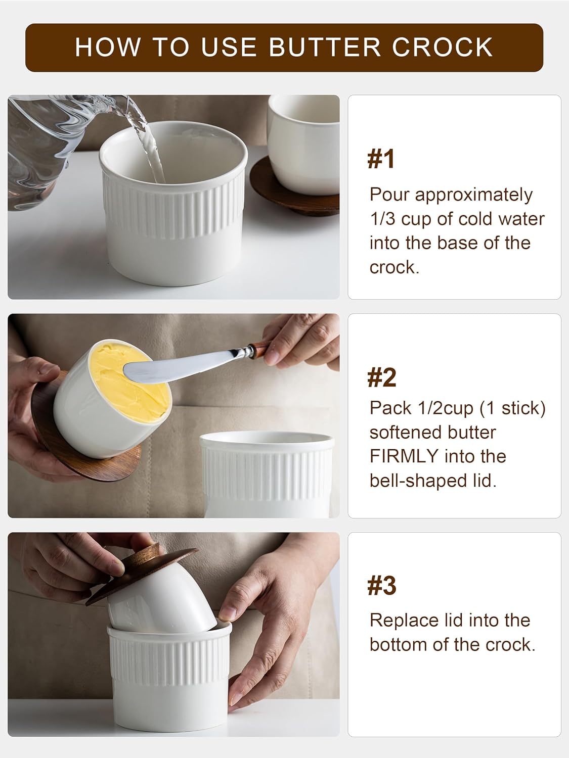 Ceramic Butter Dish With Lid, Butter Crock for Countertop, French Butter Keeper Holder for Spreadable Butter, Classic Stripe, Cream White