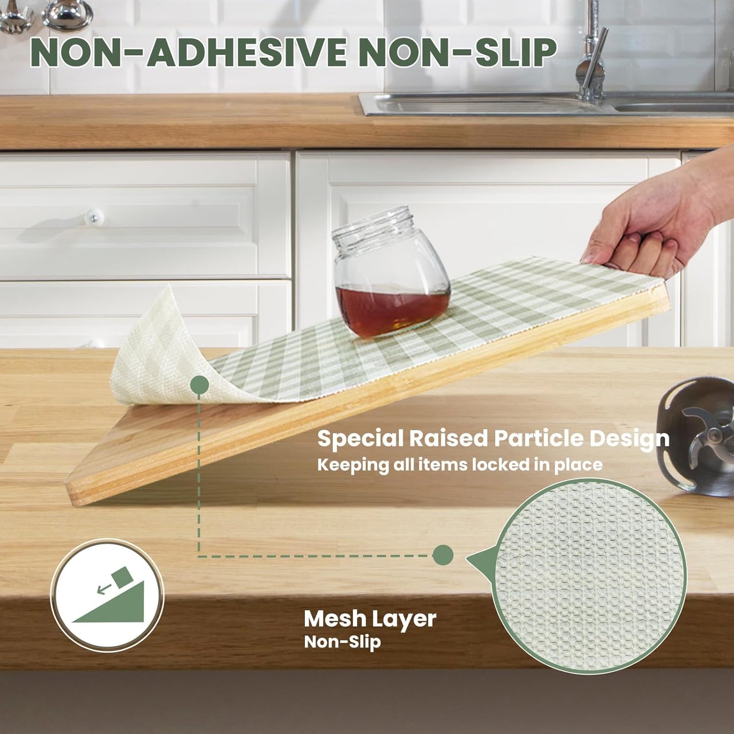 Drawer Liner and Shelf Liner for Kitchen Cabinet Liner Non-Adhesive Non-Slip Shelf Paper, Thick Strong Grip Waterproof Easy to Clean for Shelves, Cupboard, Desks, Green Plaid Pattern, 12 in x 20 FT