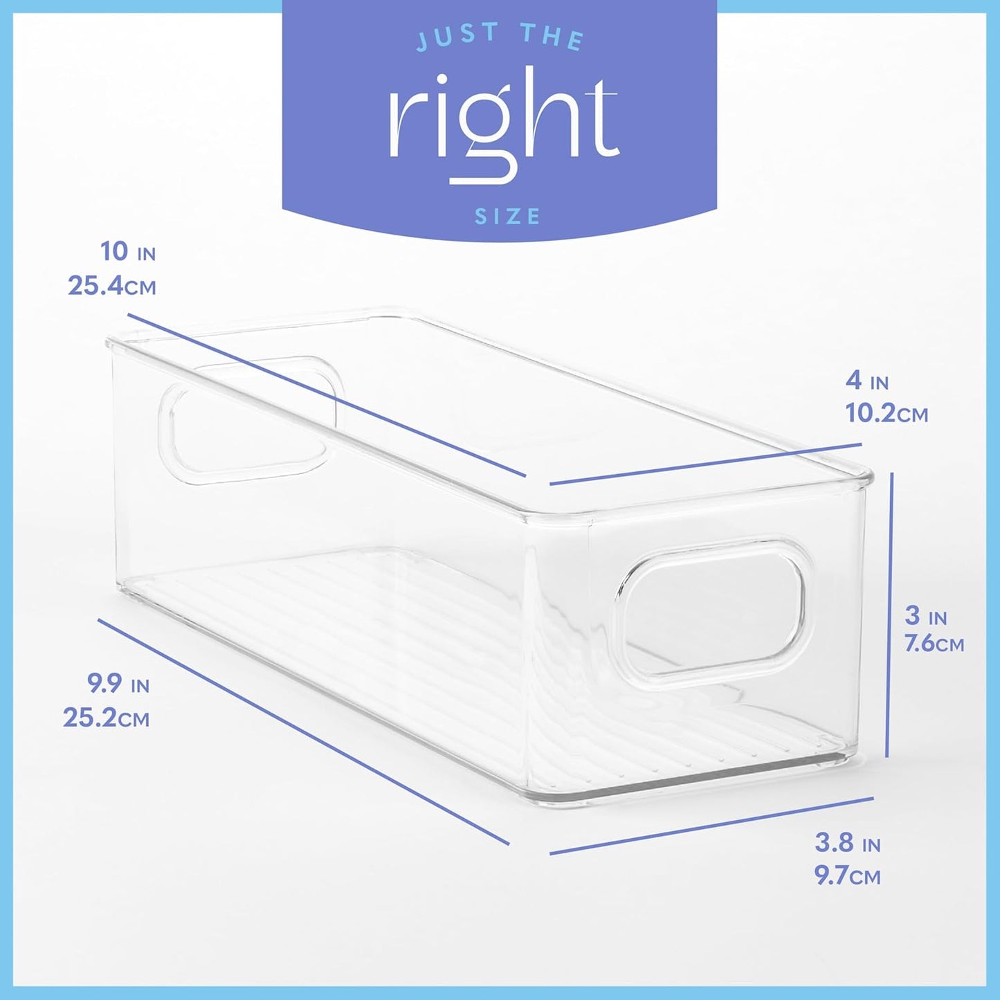 primebox Plastic Food Storage Clear Container 2 Pack Bin with Handles for Organizing Kitchen, Pantry, Refrigerator, Freezer, Pantry, Cabinet, Closet, Bathroom. Stackable 10”x4”x3”