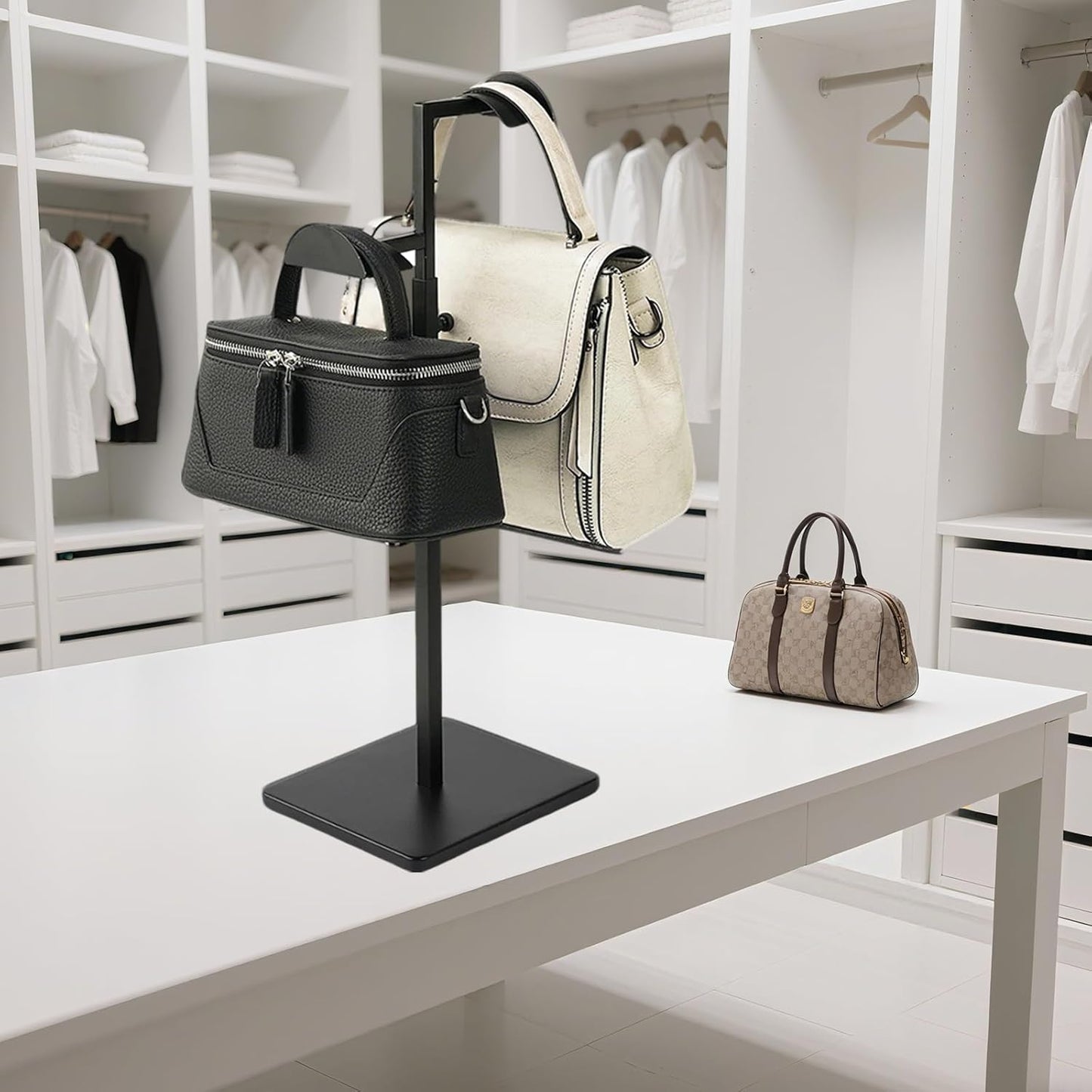 Two Tiers Handbag Display Stands - 2PCS Black Stainless Steels Purse Stand Holder Adjustable Height Display Rack for Retail Luxury Bag Organizer Home Store Boutique Retail Closet