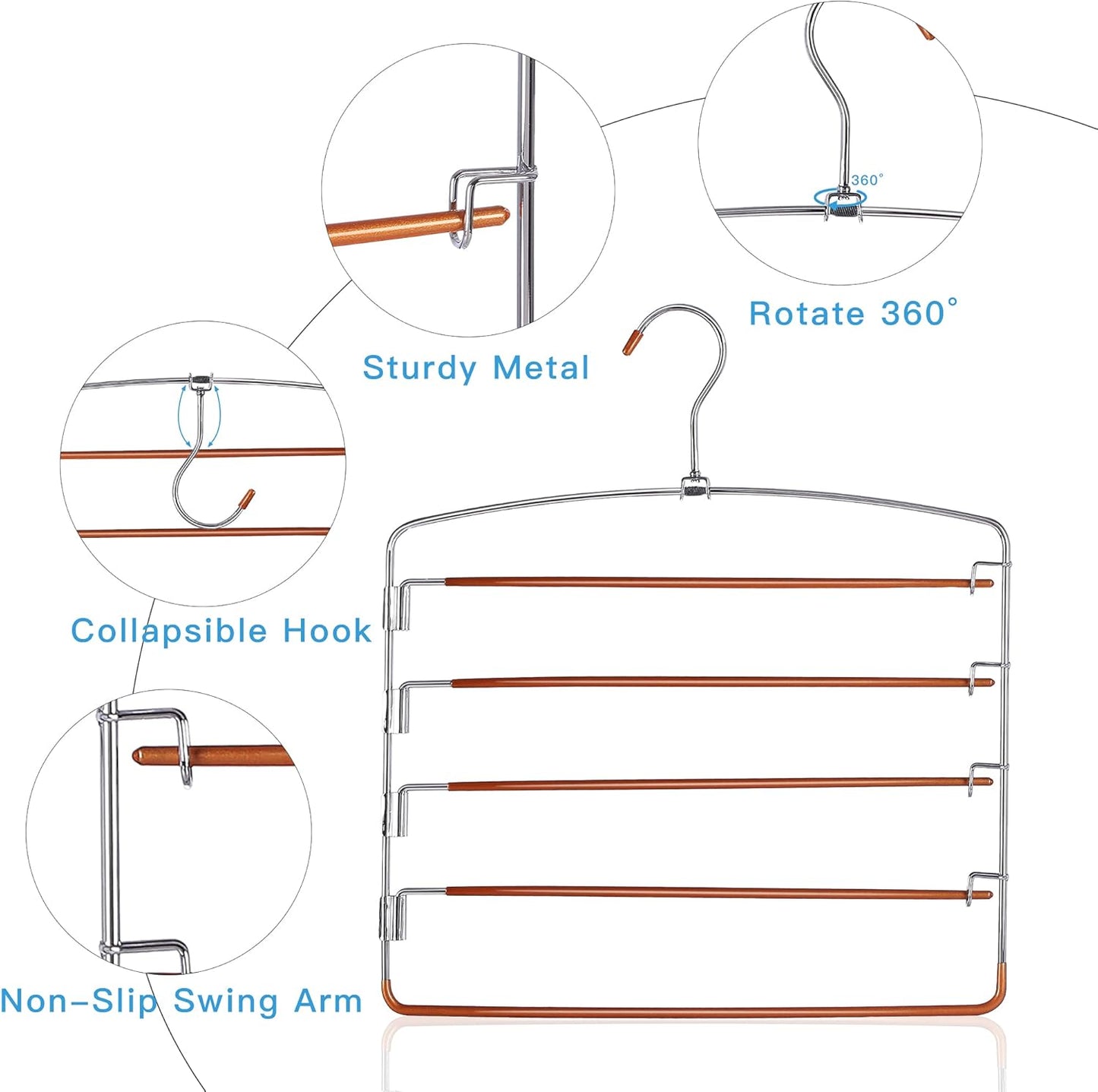 FeeraHozer Pants Hangers Non Slip 3 Pack Space Saving Hangers Multi-Layer Swing Arm Stainless Steel Space Saver Rack for Jeans Scarf Trouser Clothes (Gold)