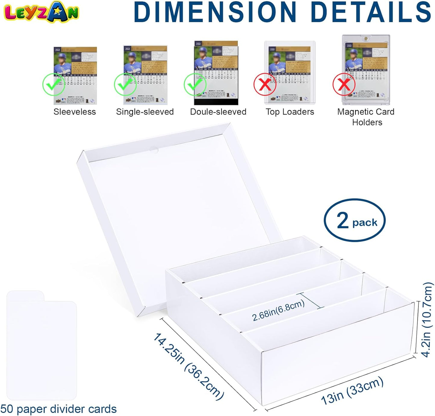 5 Row Trading Card Storage Box, 2 Pack Cardboard Storage Box with Divider for Mtg, Tcg, Sports Cards