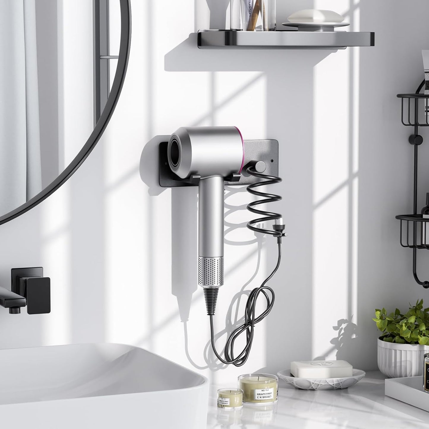 Tindbea Hair Dryer Holder + Curling Iron Holder,Blow Dryer Holder Wall Mount, Bathroom Hair Tool Organizer Rack for Universal Dryer Matte Black