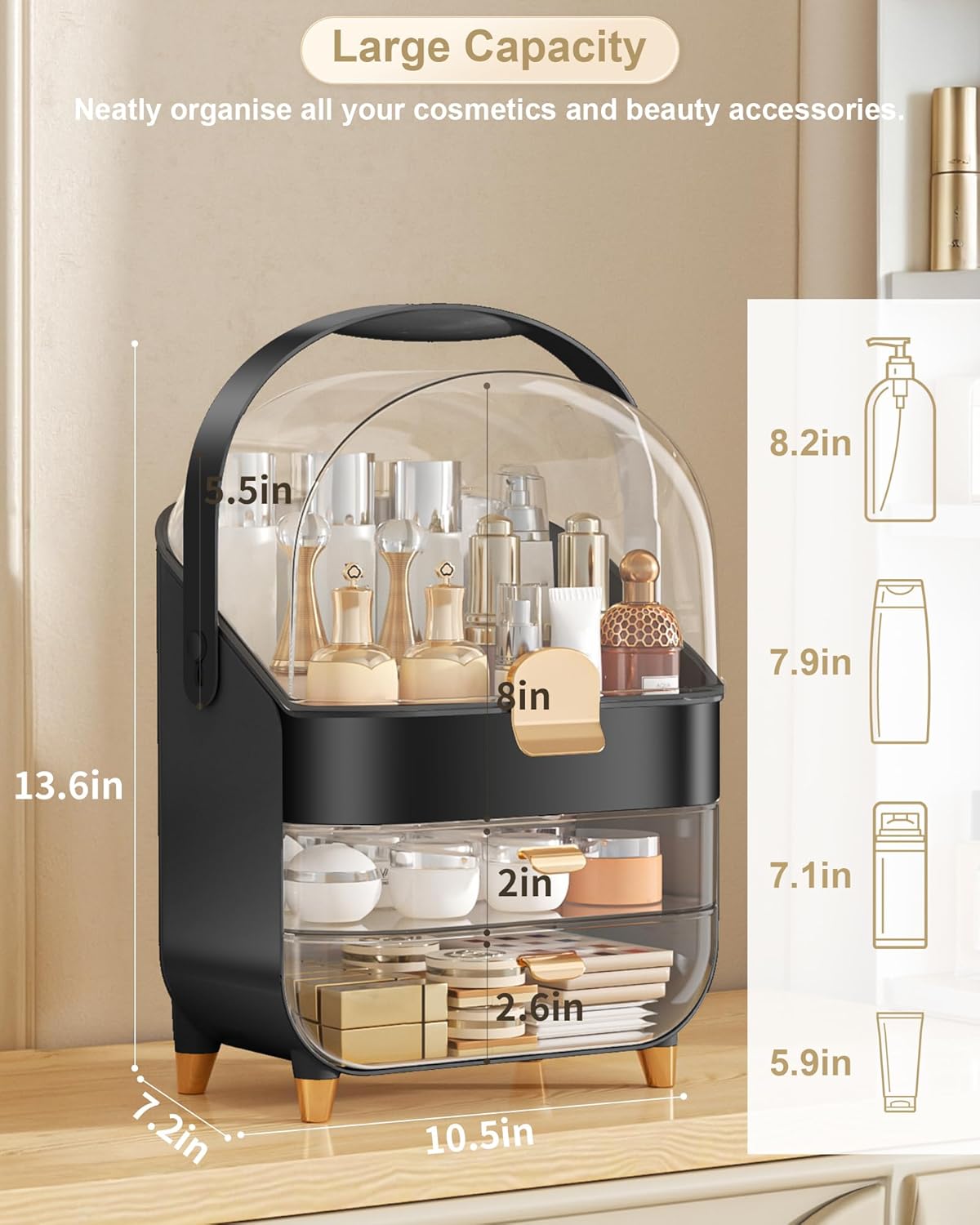 Makeup Organizer Countertop, Skincare Holder Bathroom Counter Organizer, Storage Box Cosmetic Display Cases, Teen Girl Gifts Make up Organizers for Vanity, Dresser (Black)