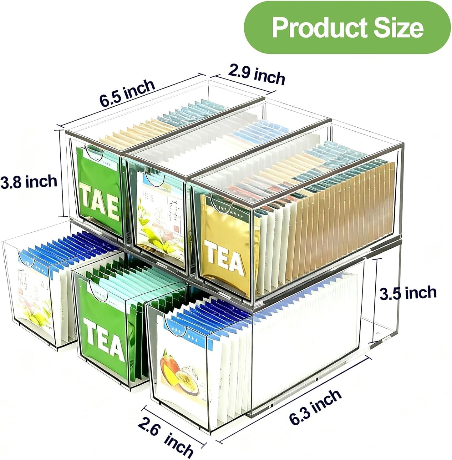 6 Pack Stackable Tea Bag Organizer Drawers – Clear Acrylic Tea Bag Holder for Cabinet, Drawer, Pantry, Countertop – Kitchen Tea Storage Container
