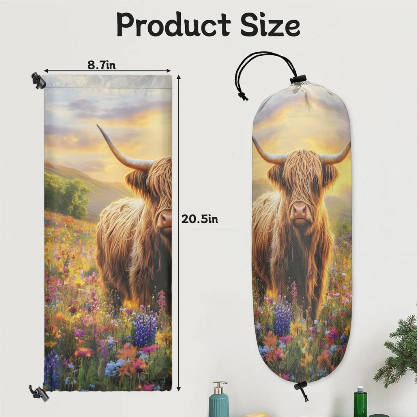 Farmhouse Highland Cow Plastic Bag Holder 2 Pcs Grocery Bag Organizer Reusable Trash Bags Organizer Wall Mount Washable Kitchen Dispenser Holders with Drawstring Closure