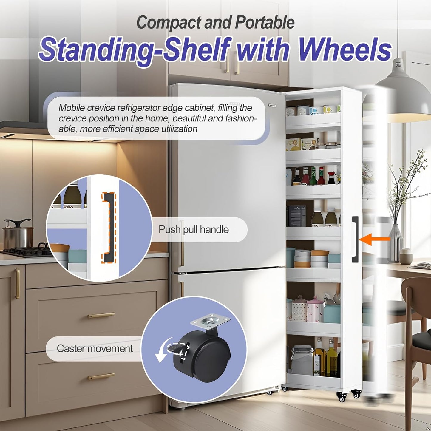 7-Tier Slim Storage Cart, Wooden Rolling Pantry Cabinet with Wheels, Narrow Shelf Organizer for Kitchen, Bakers Rack, Dining Room, Closet, Small Spaces Teak 47.2" H*5.9" W*23.6" D