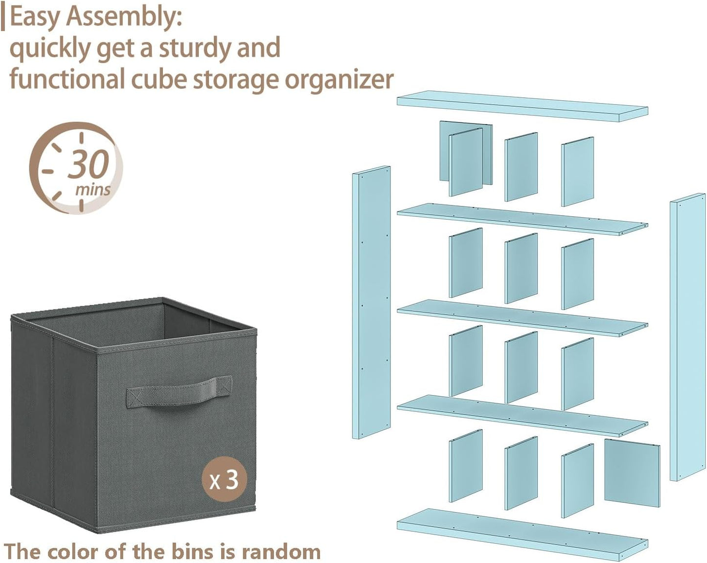 furtble Bookshelf with Storage Bins, 16-Cube Storage Organizer with Back Panels, Modern Wood Open Bookcase, Multifunctional Display Shelf for Living Room, Bedroom, Home Office, White